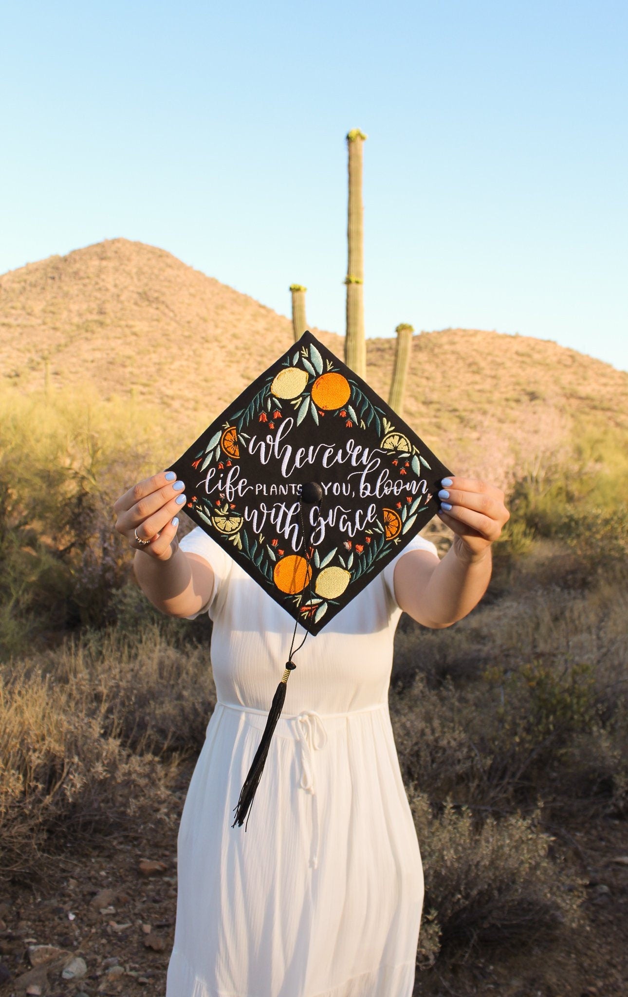 Handmade Embroidered Lemon Citrus Graduation Cap Topper