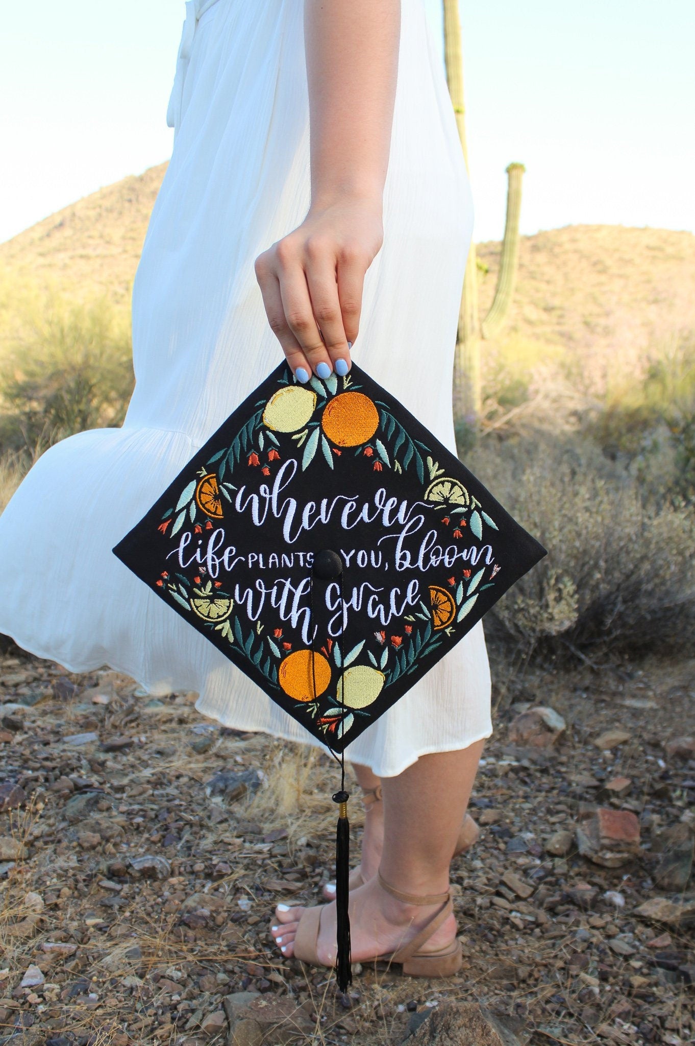 Handmade Embroidered Lemon Citrus Graduation Cap Topper