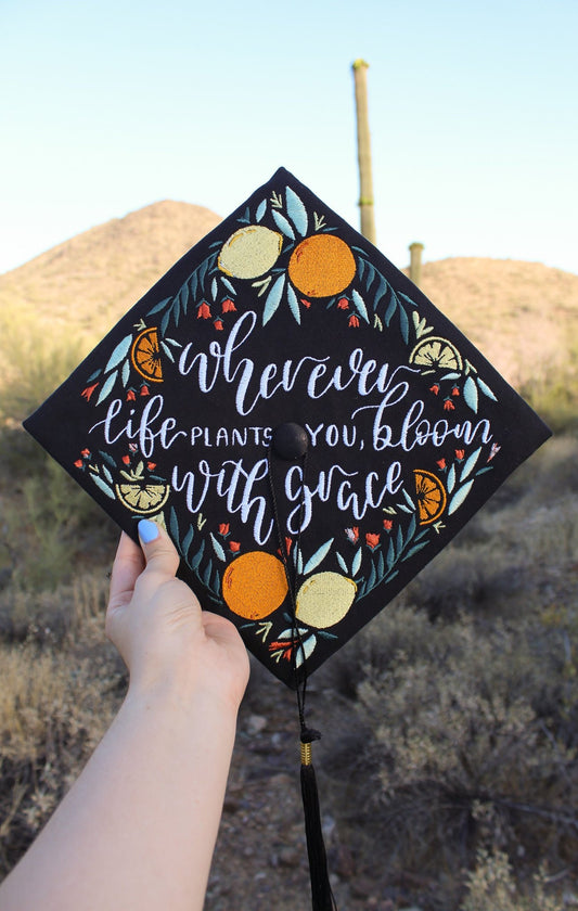 Handmade Embroidered Lemon Citrus Graduation Cap Topper