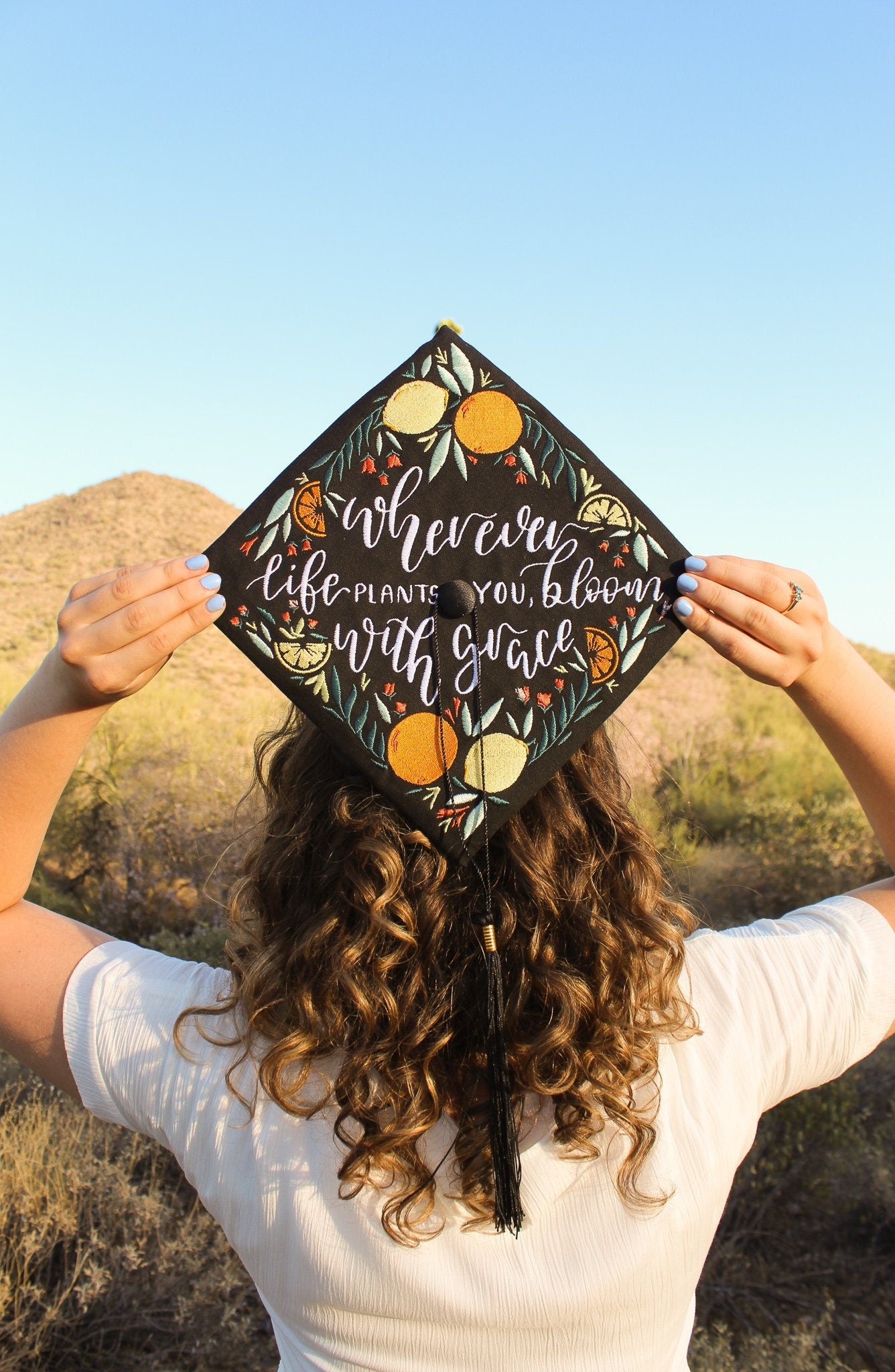 Handmade Embroidered Lemon Citrus Graduation Cap Topper