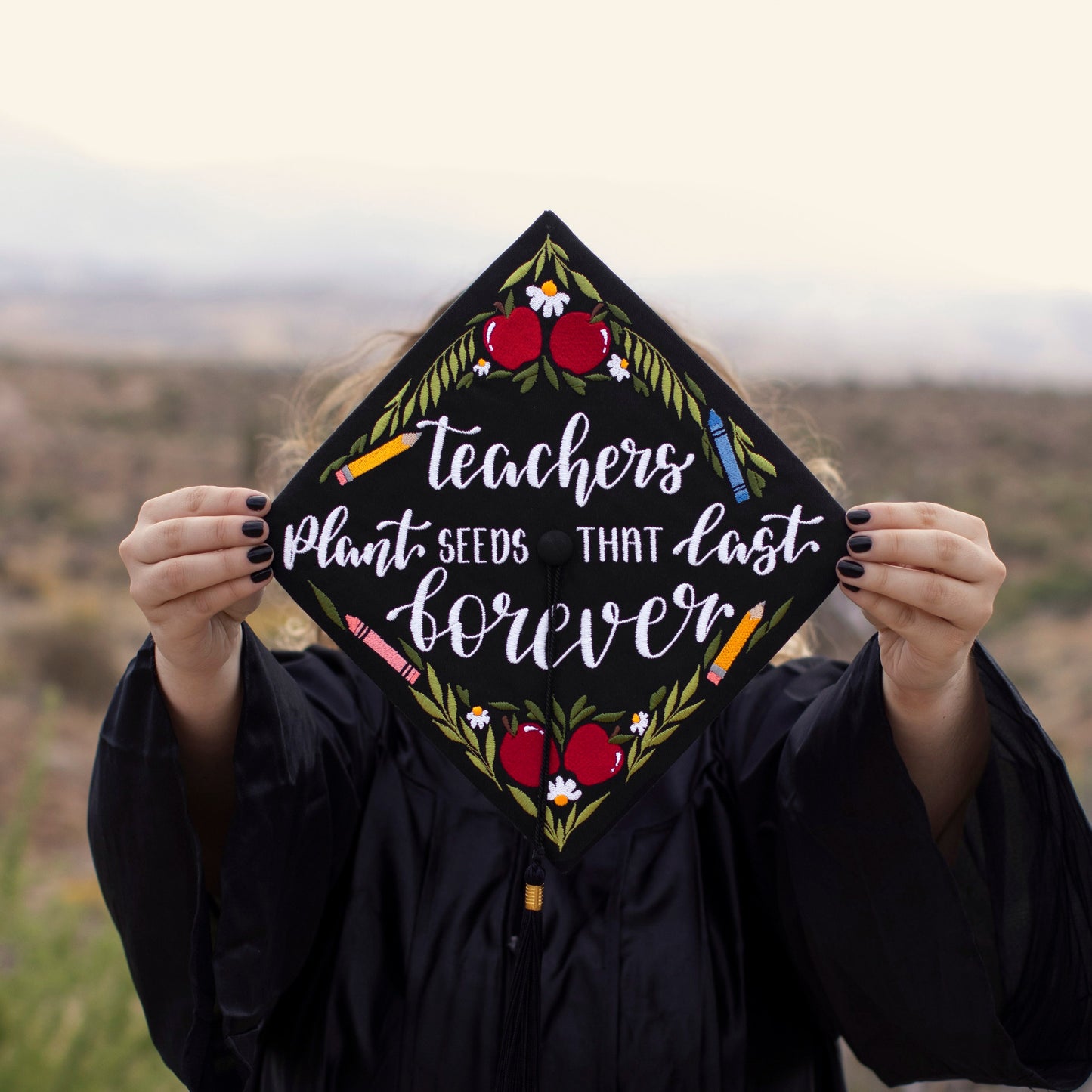 Handmade Embroidered Teacher Graduation Cap Topper