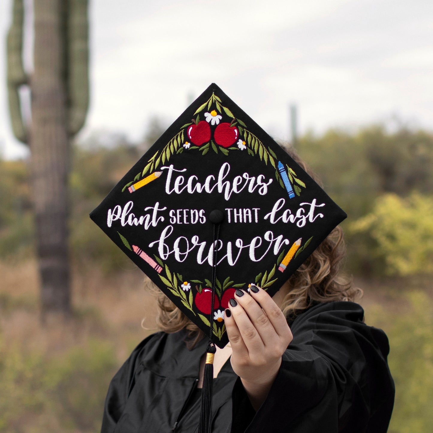 Handmade Embroidered Teacher Graduation Cap Topper