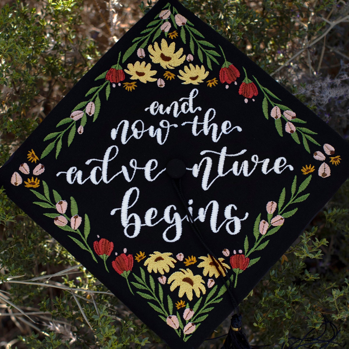 Handmade Embroidered Yellow Wildflower Graduation Cap Topper