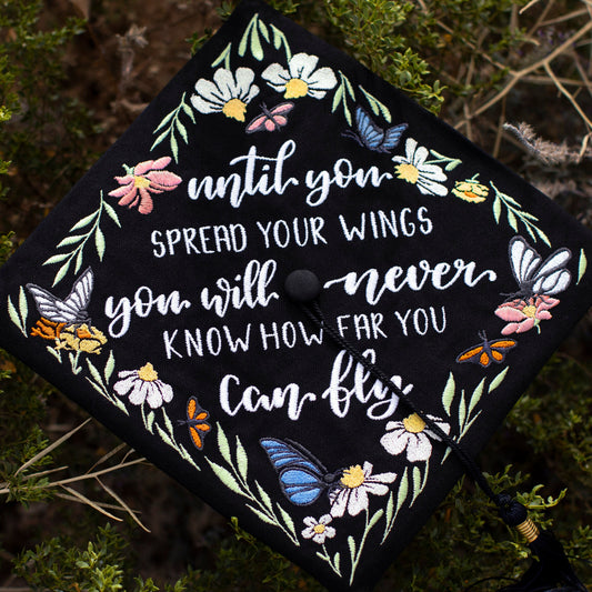 Handmade Embroidered Butterfly Floral Graduation Cap Topper