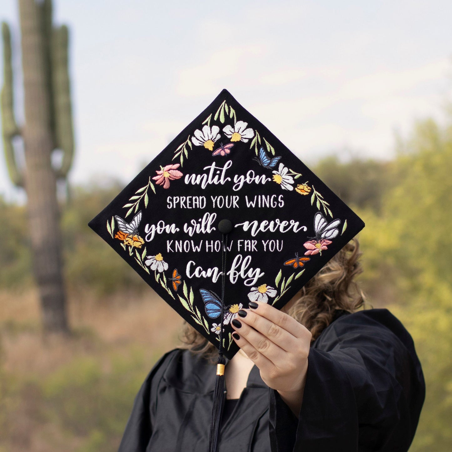 Handmade Embroidered Butterfly Floral Graduation Cap Topper