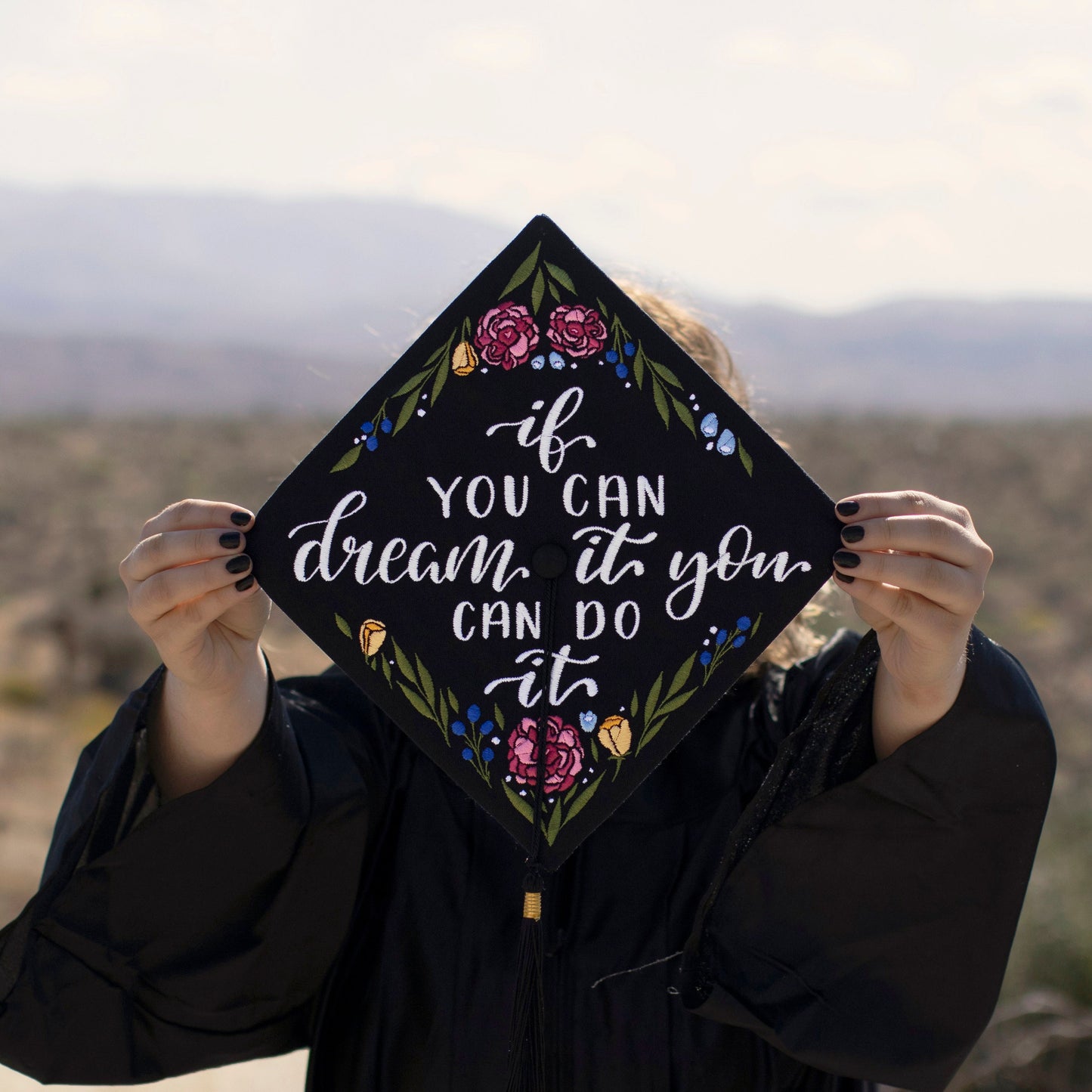 Handmade Embroidered Peony Graduation Cap Topper