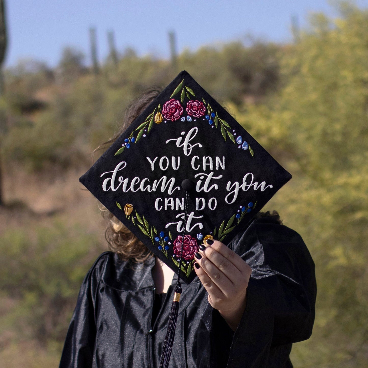 Handmade Embroidered Peony Graduation Cap Topper