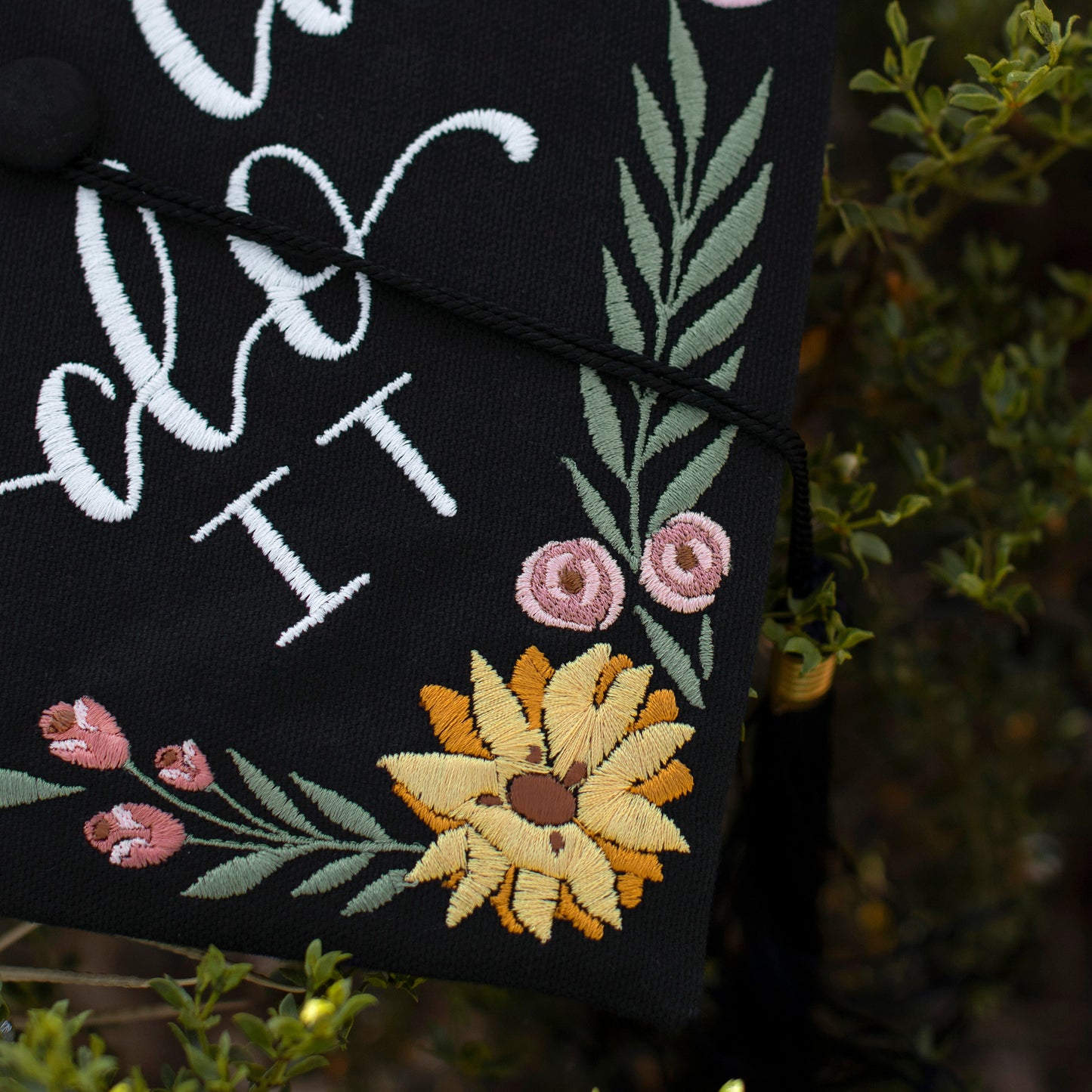 Handmade Embroidered Purple Wildflower Graduation Cap Topper