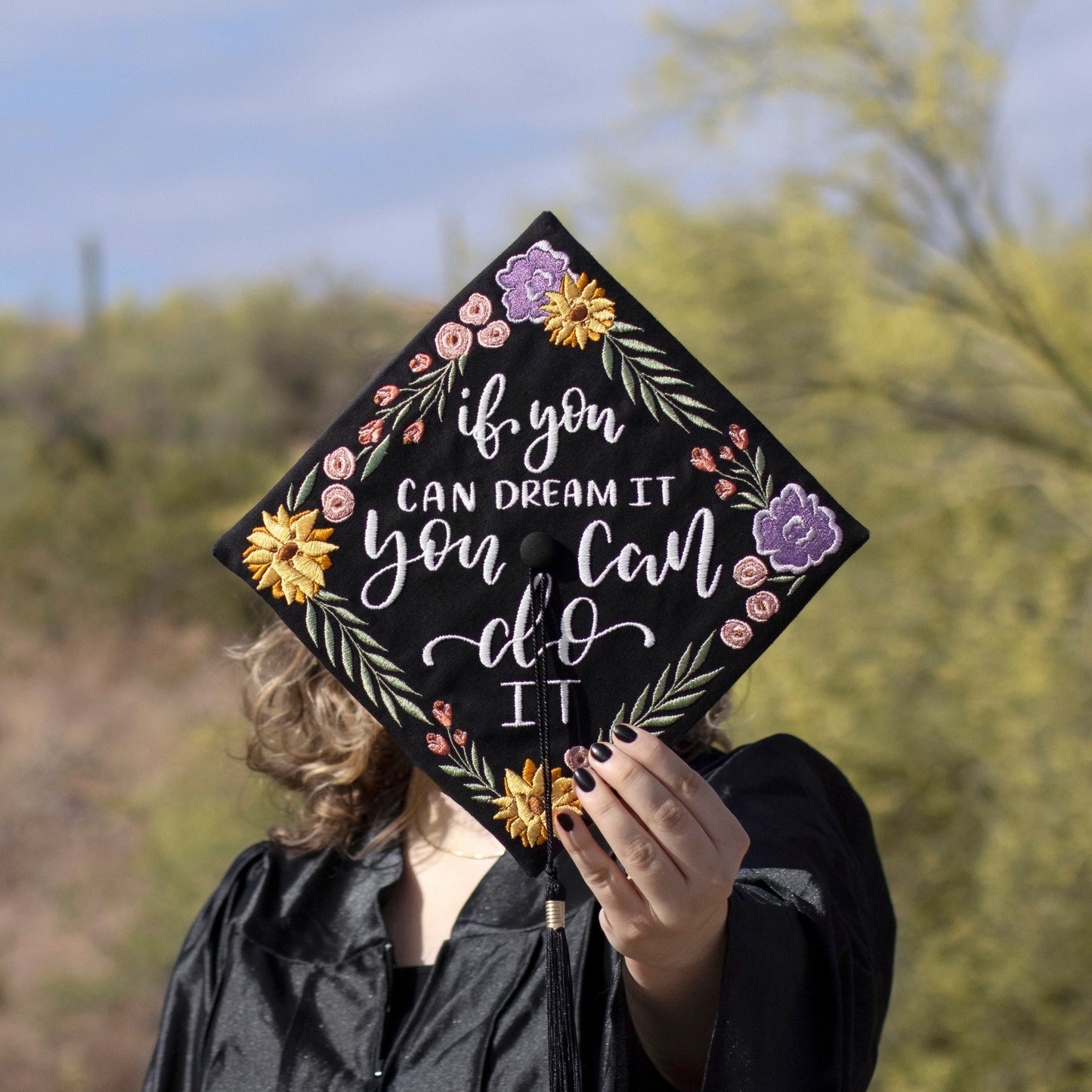 Handmade Embroidered Purple Wildflower Graduation Cap Topper