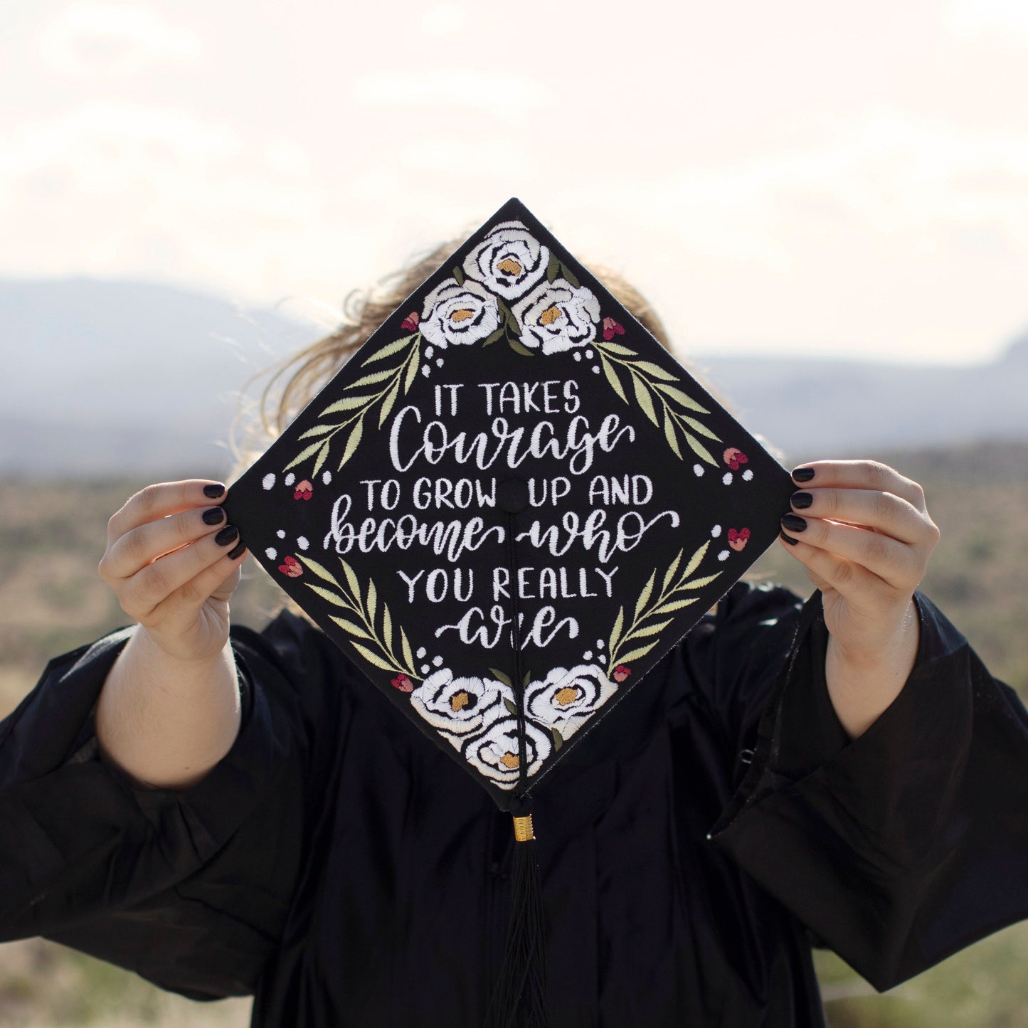 Handmade Embroidered White Flower Graduation Cap Topper