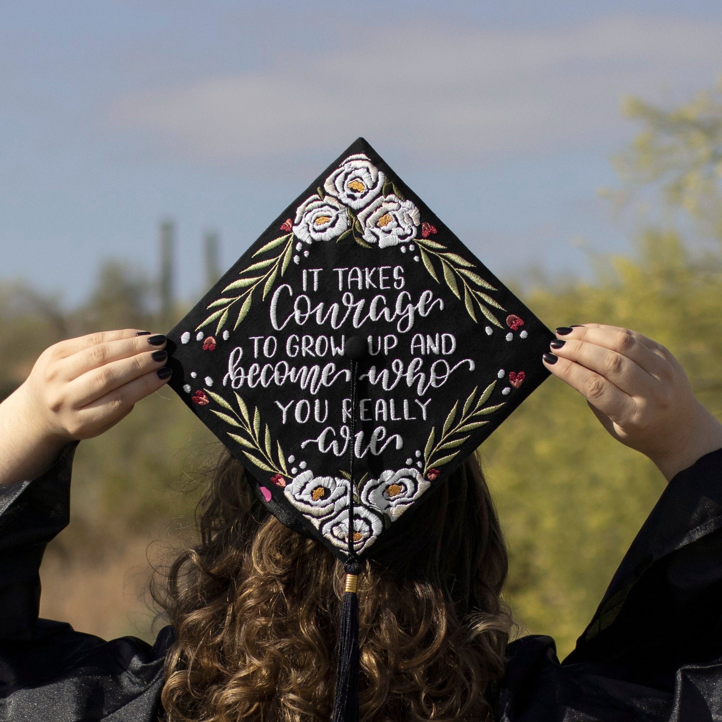 Handmade Embroidered White Flower Graduation Cap Topper