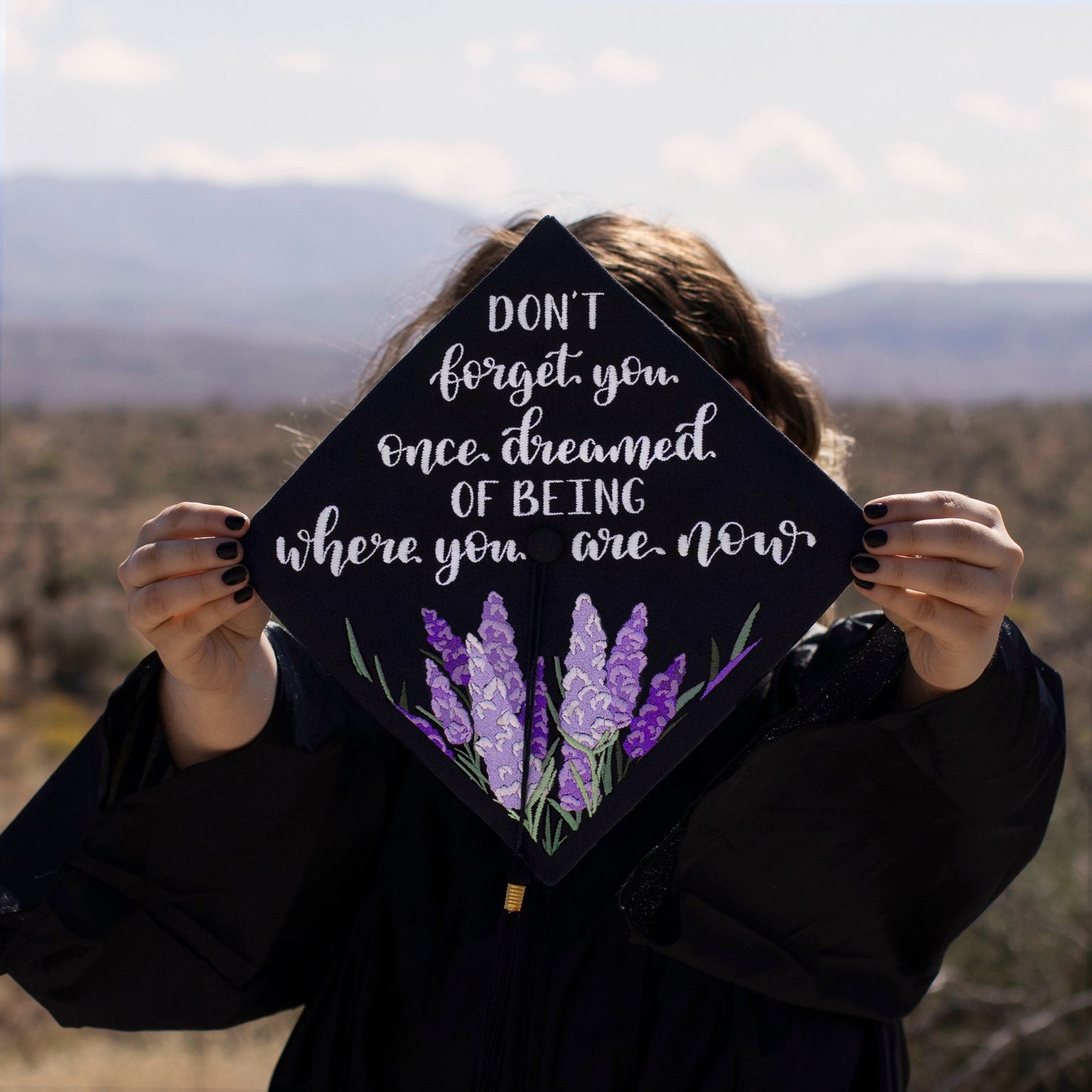 Handmade Embroidered Lavender Floral Graduation Cap Topper