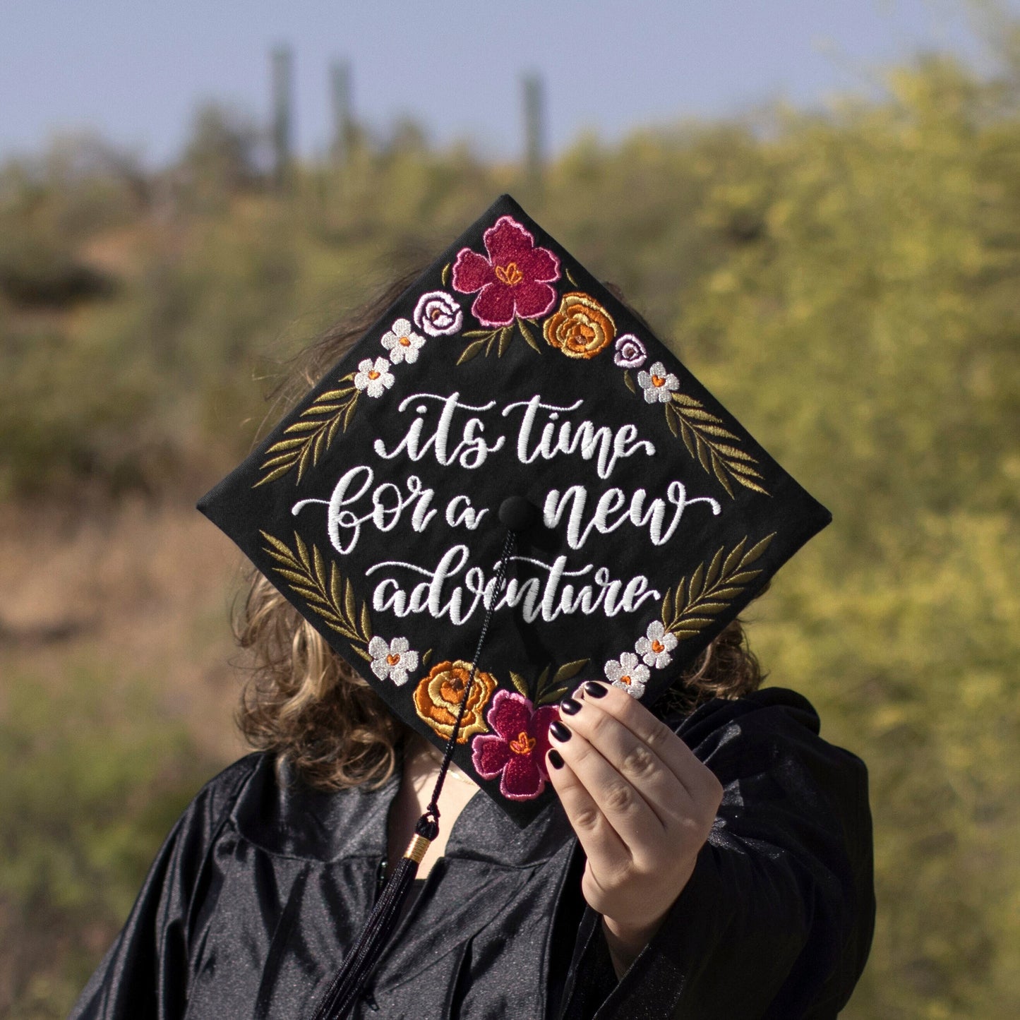 Handmade Embroidered Tropical Flower Graduation Cap Topper