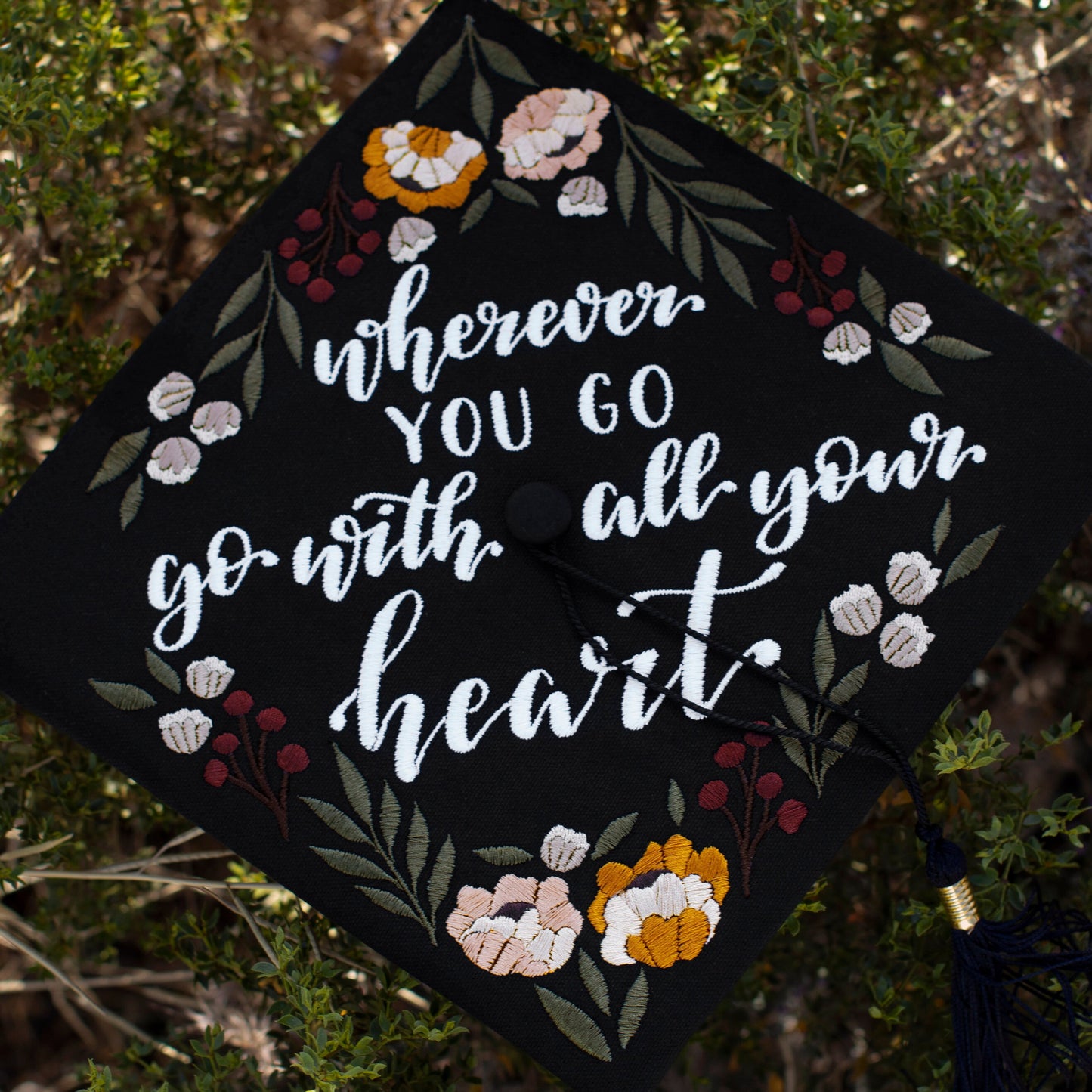 Handmade Embroidered Berry Floral Graduation Cap Topper