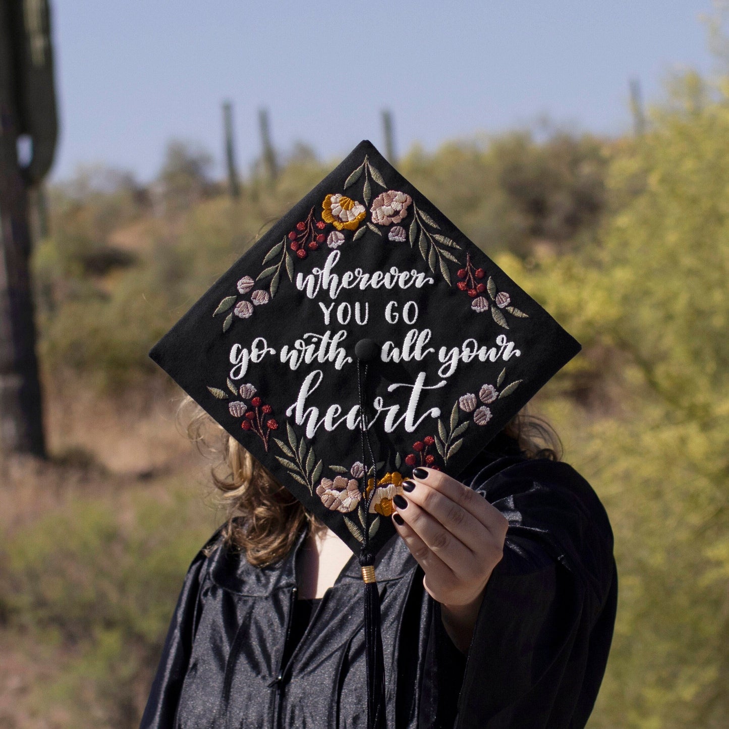 Handmade Embroidered Berry Floral Graduation Cap Topper