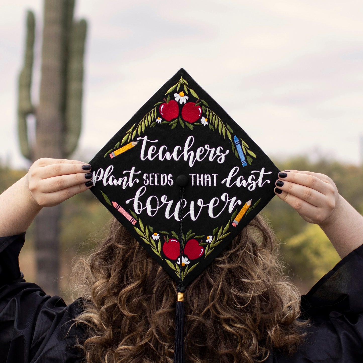 Handmade Embroidered Teacher Graduation Cap Topper