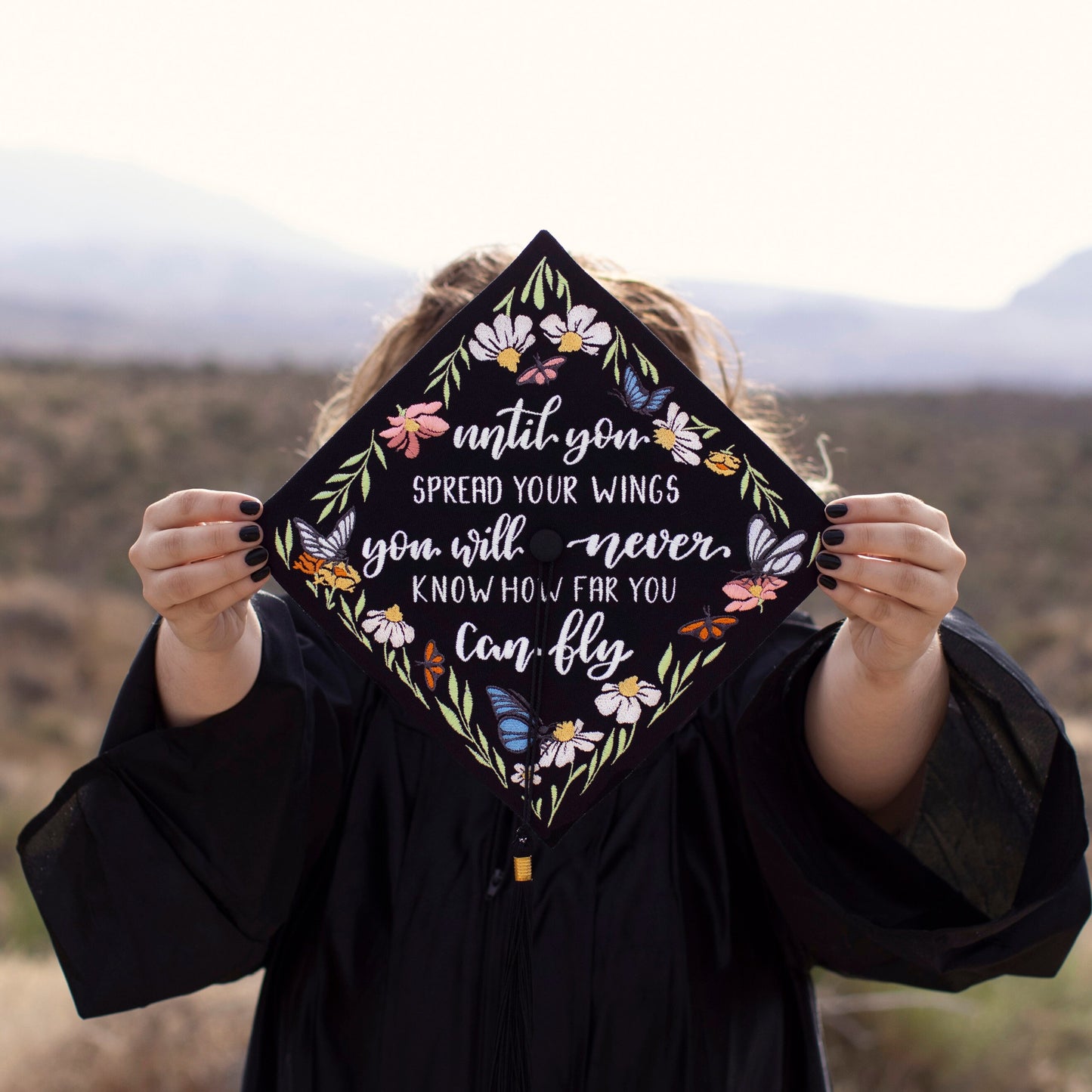 Handmade Embroidered Butterfly Floral Graduation Cap Topper