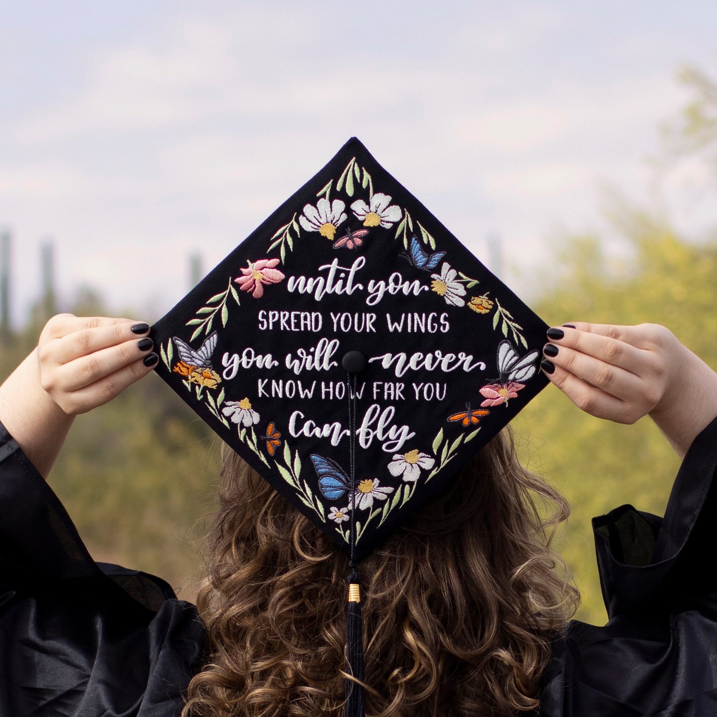 Handmade Embroidered Butterfly Floral Graduation Cap Topper