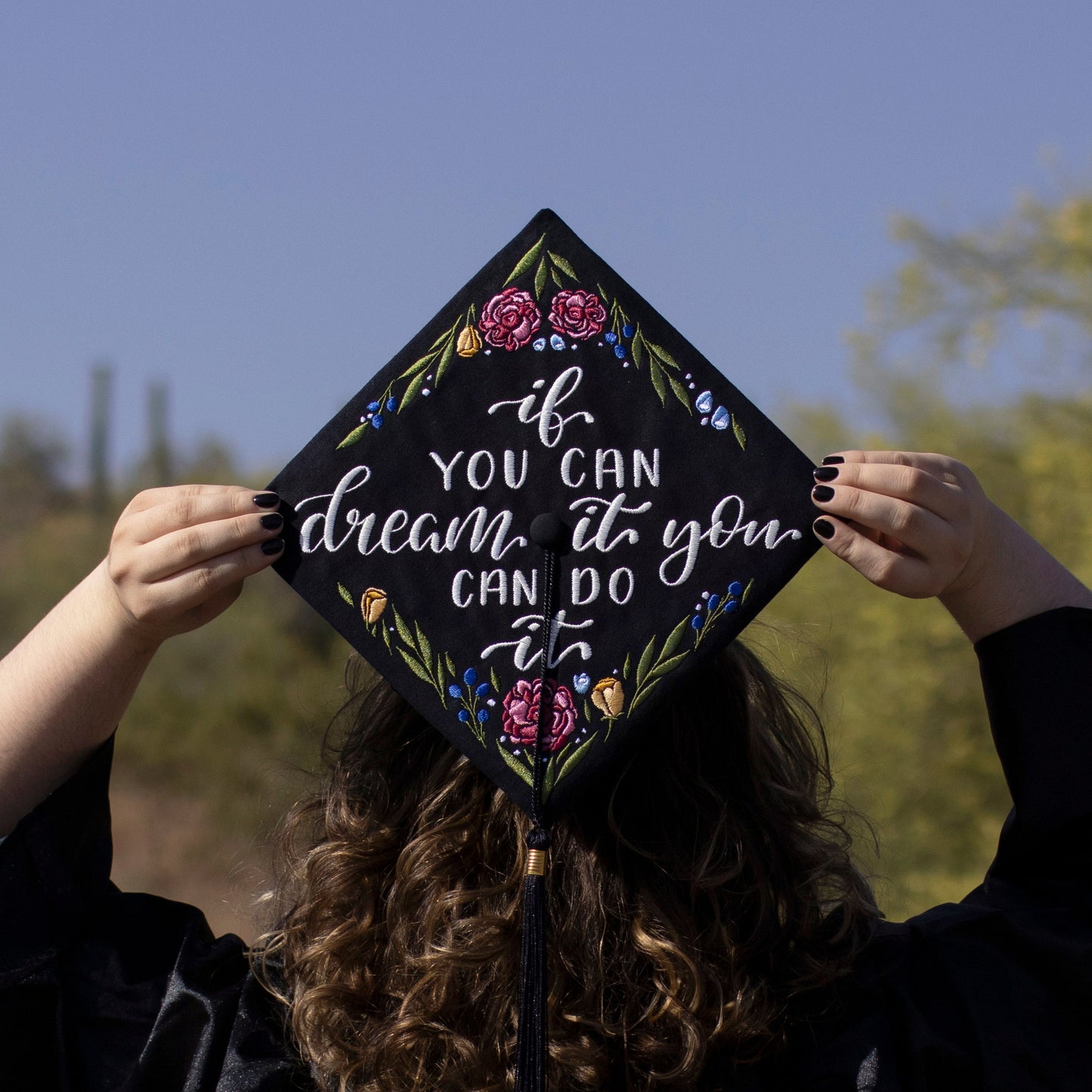 Handmade Embroidered Peony Graduation Cap Topper