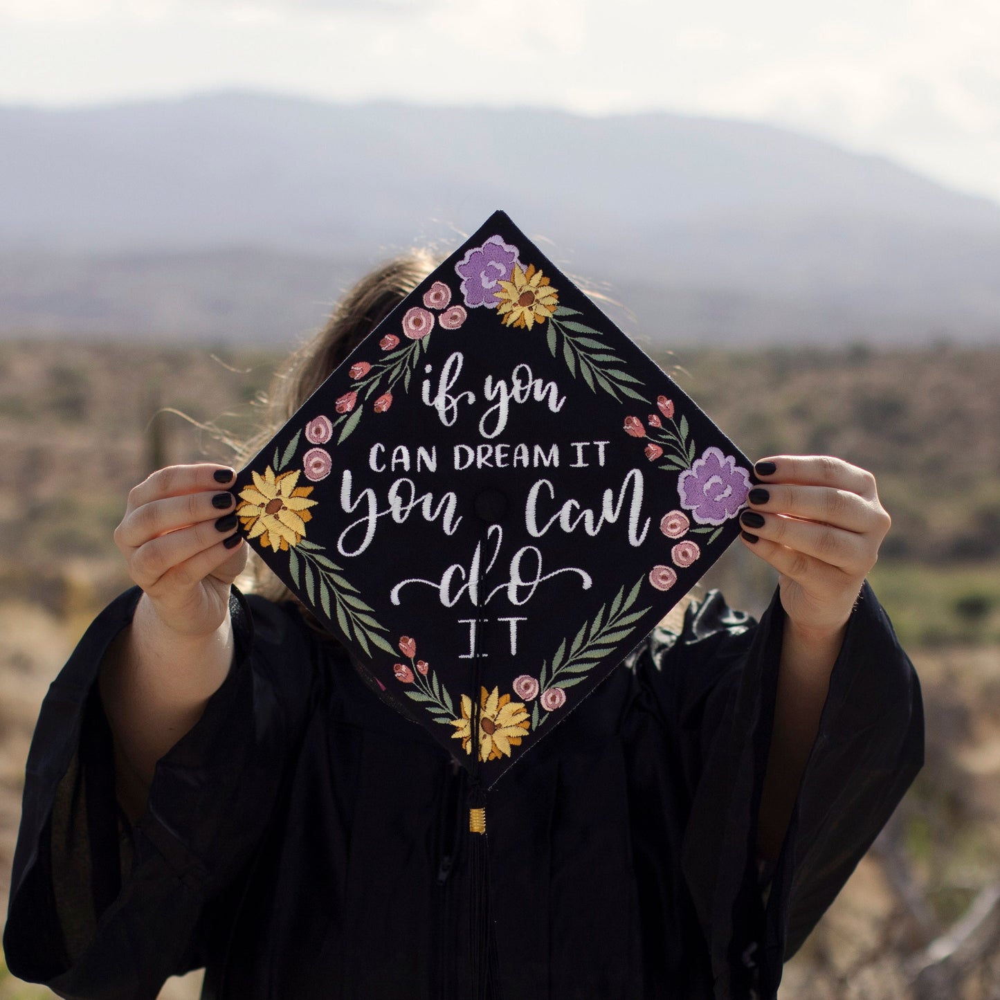 Handmade Embroidered Purple Wildflower Graduation Cap Topper