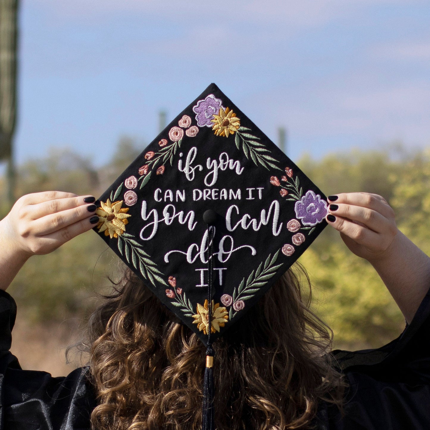 Handmade Embroidered Purple Wildflower Graduation Cap Topper