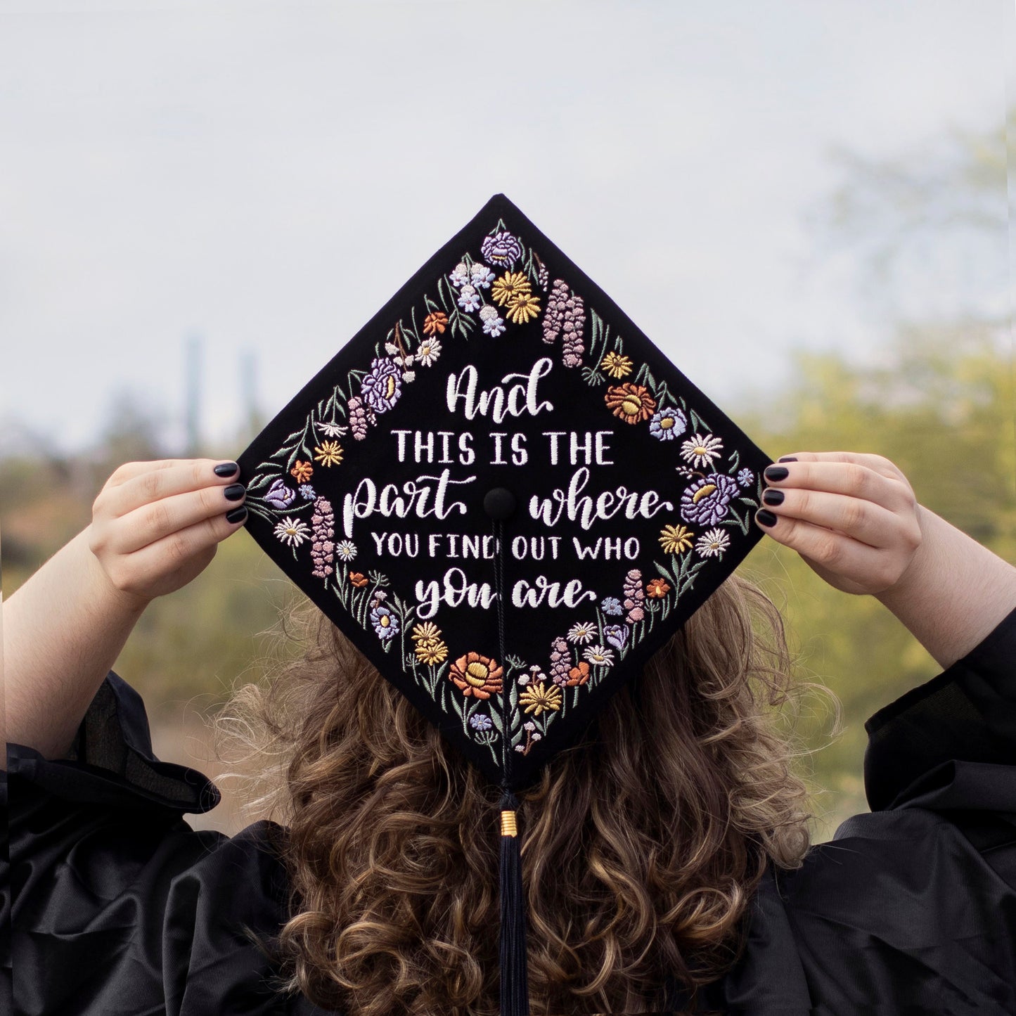 Handmade Embroidered Wildflower Graduation Cap Topper