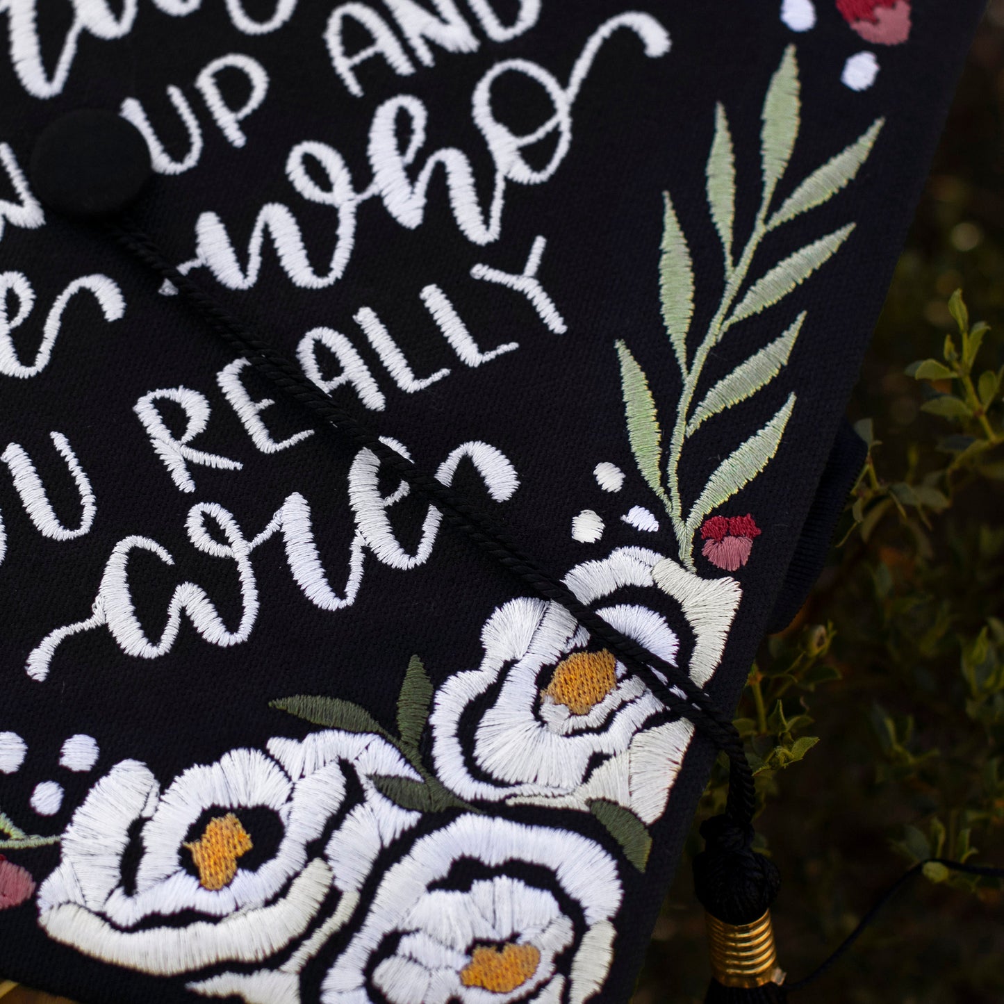 Handmade Embroidered White Flower Graduation Cap Topper