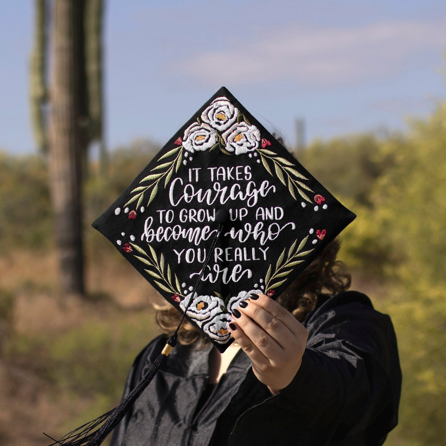 Handmade Embroidered White Flower Graduation Cap Topper