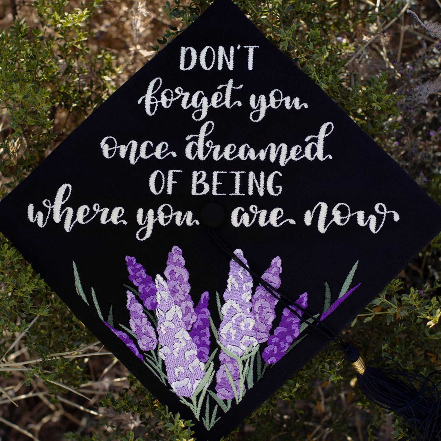 Handmade Embroidered Lavender Floral Graduation Cap Topper