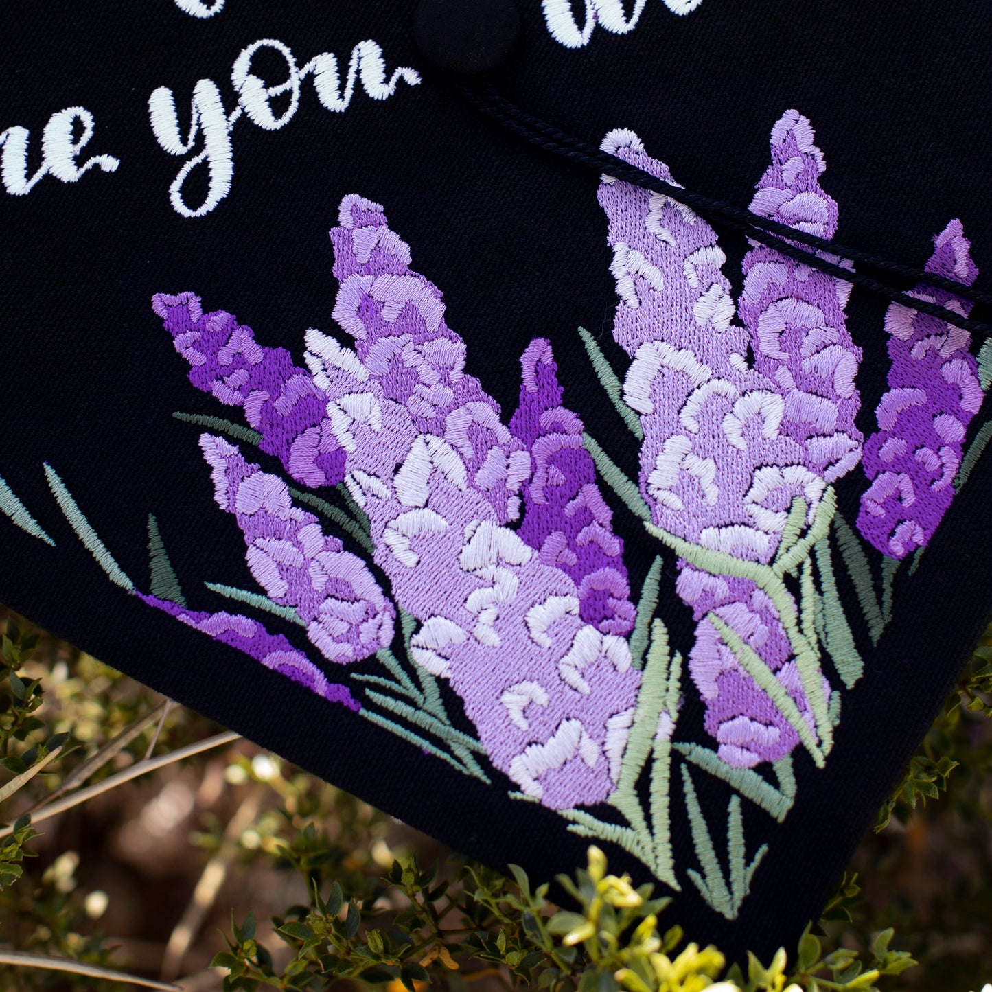 Handmade Embroidered Lavender Floral Graduation Cap Topper