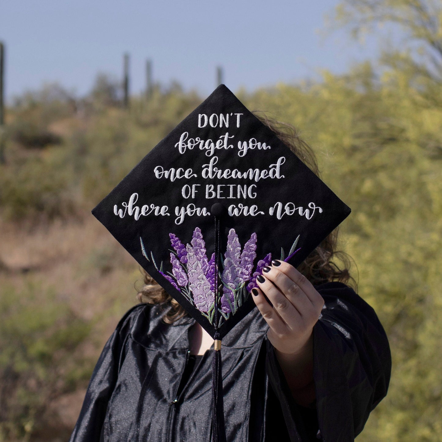 Handmade Embroidered Lavender Floral Graduation Cap Topper