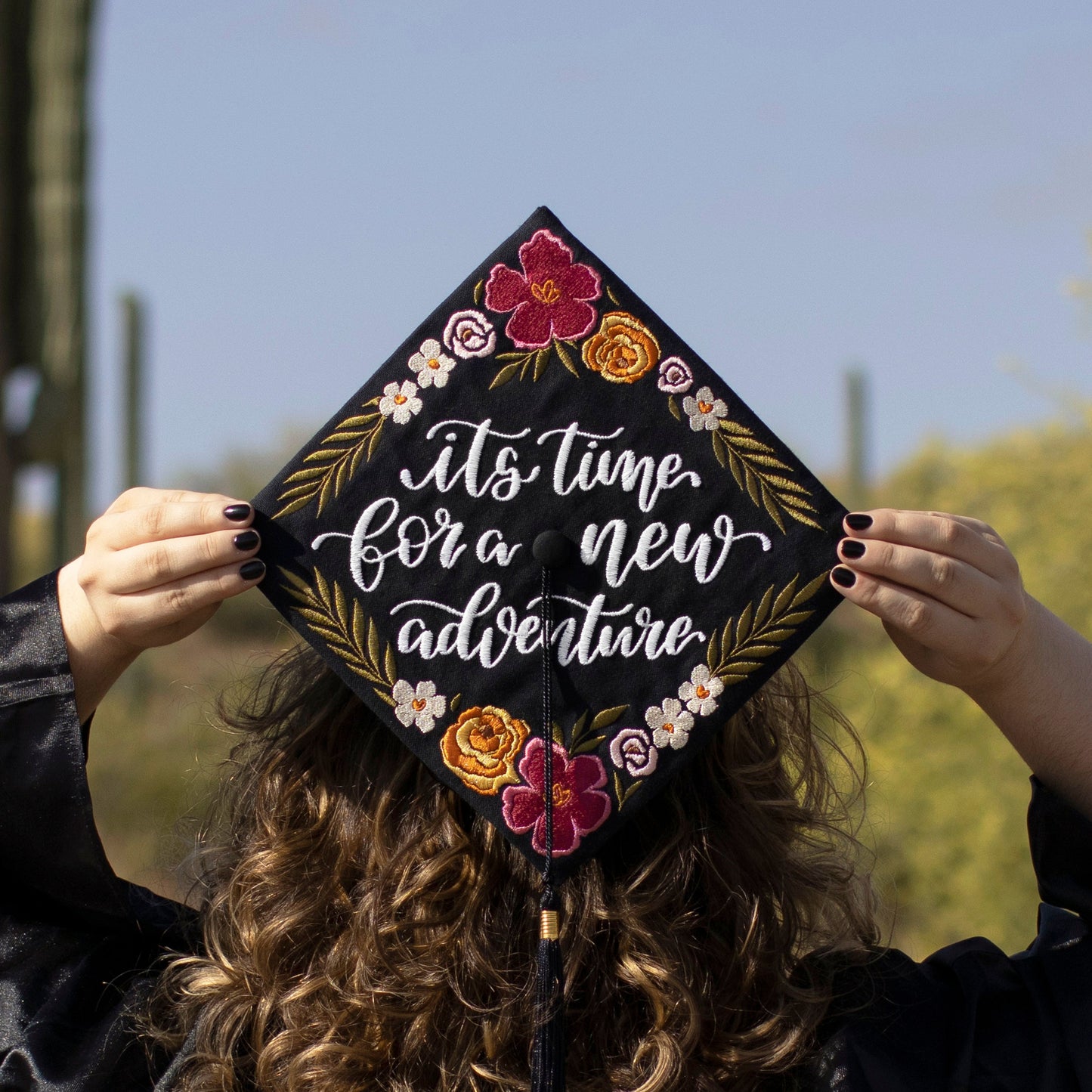 Handmade Embroidered Tropical Flower Graduation Cap Topper