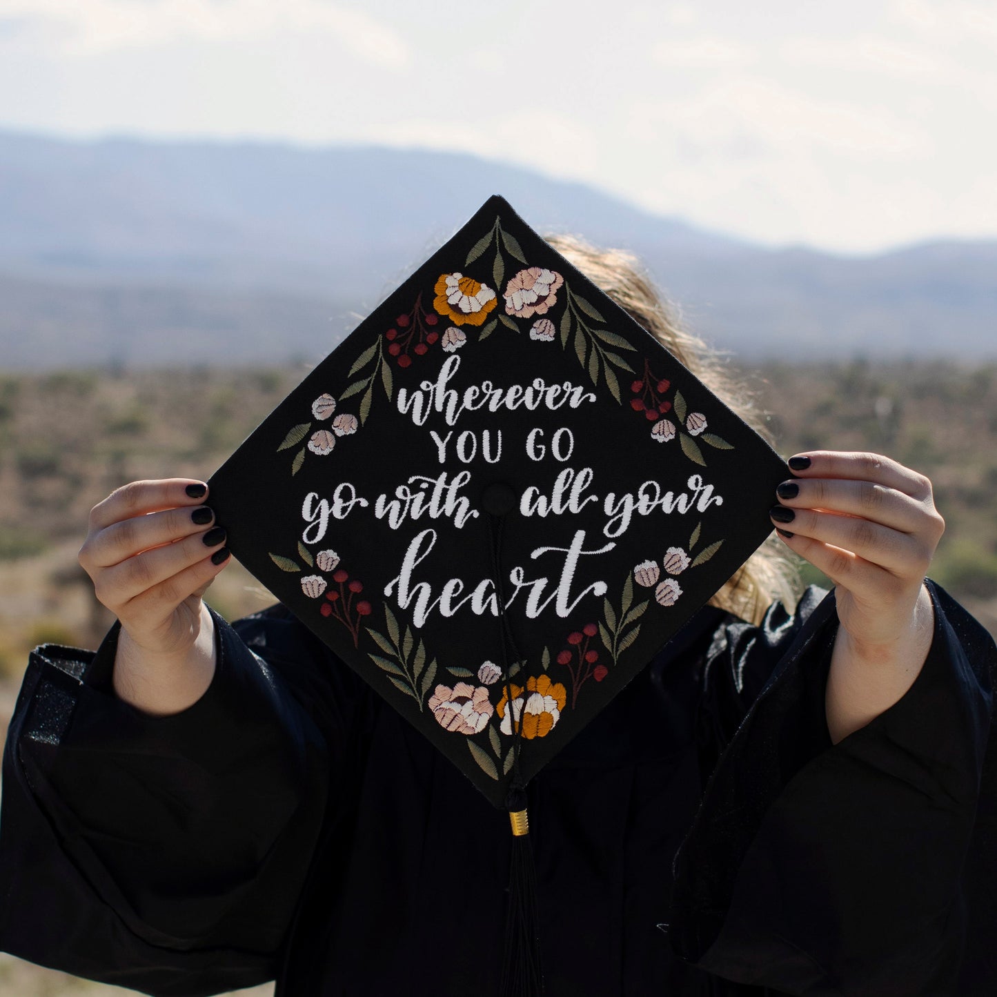 Handmade Embroidered Berry Floral Graduation Cap Topper