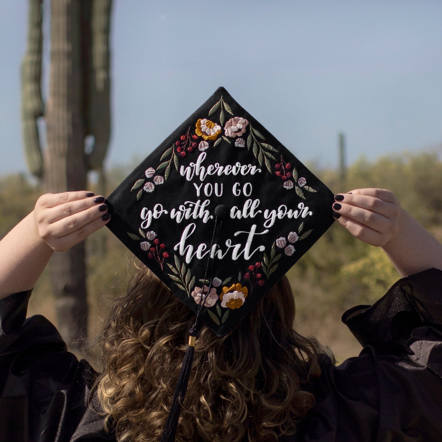 Handmade Embroidered Berry Floral Graduation Cap Topper