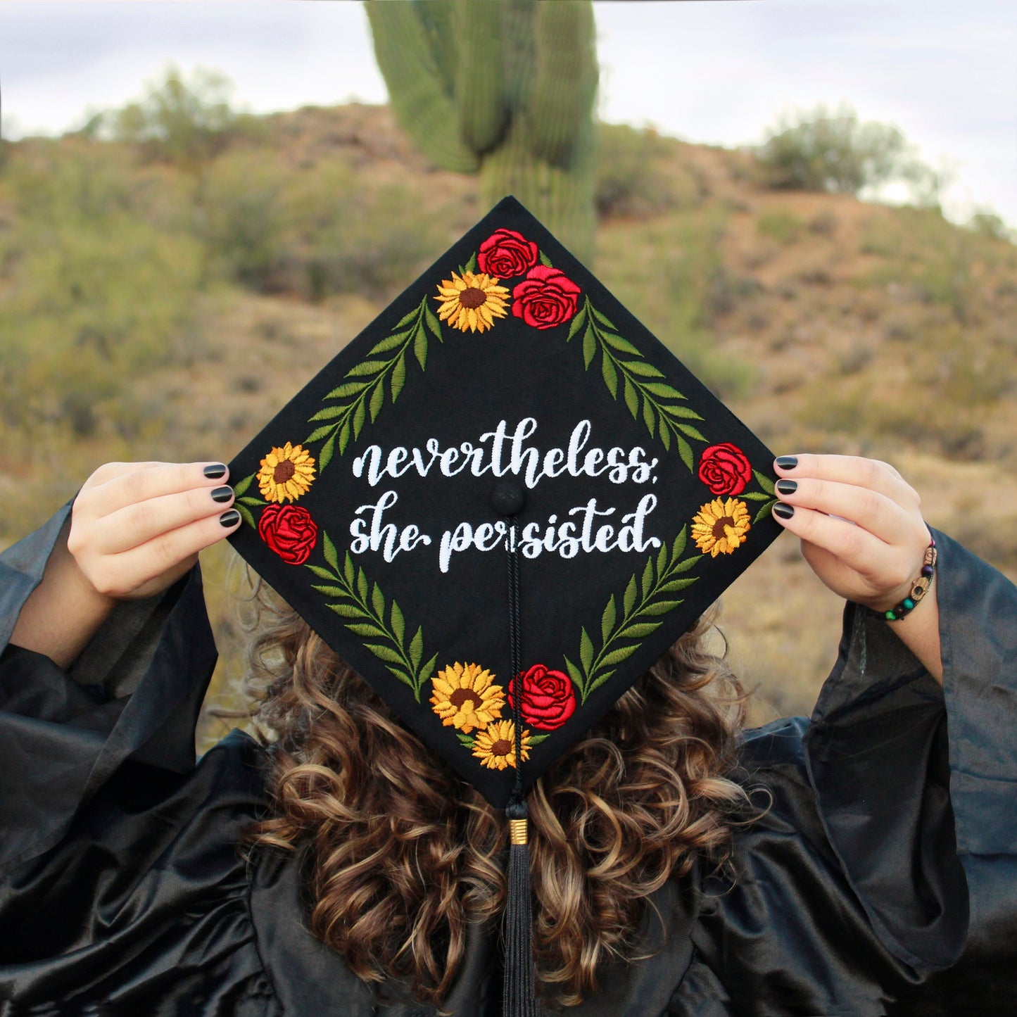 Handmade Embroidered Sunflower Rose Graduation Cap Topper