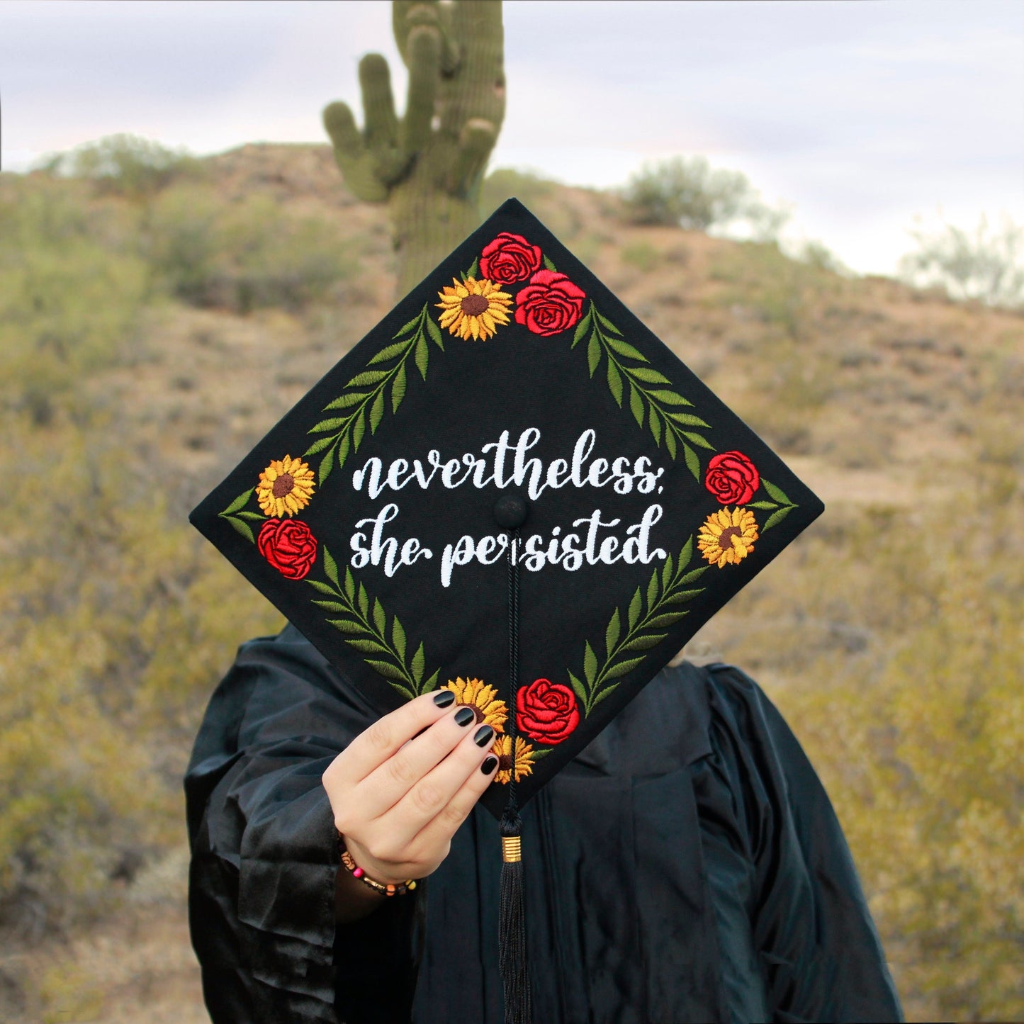 Handmade Embroidered Sunflower Rose Graduation Cap Topper