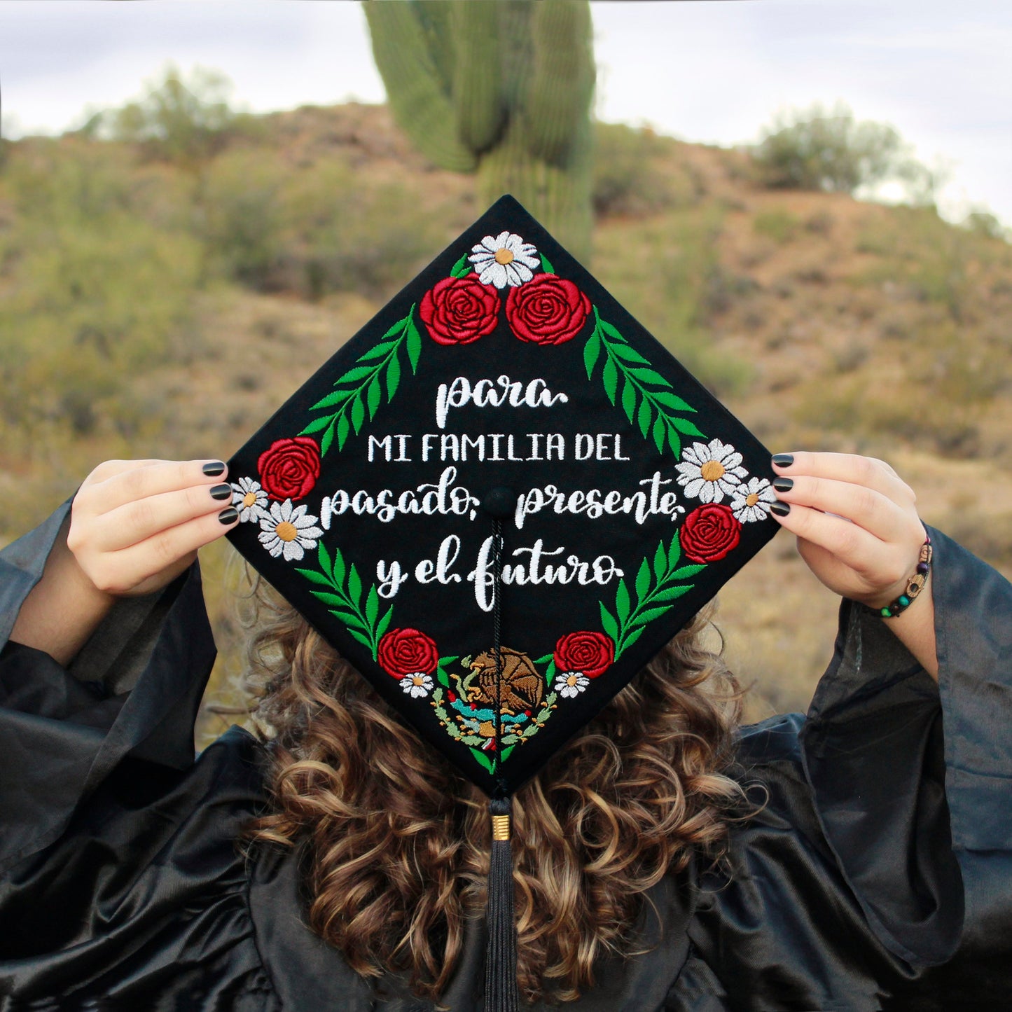 Handmade Embroidered Mexican Wildflower Graduation Cap Topper