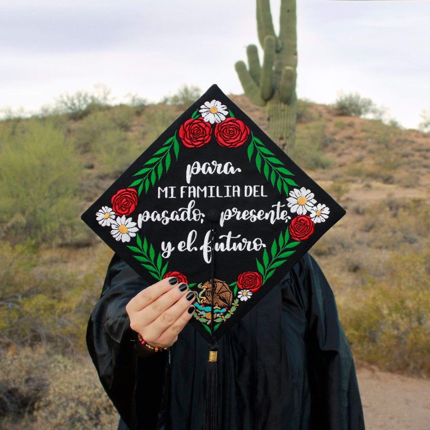 Handmade Embroidered Mexican Wildflower Graduation Cap Topper