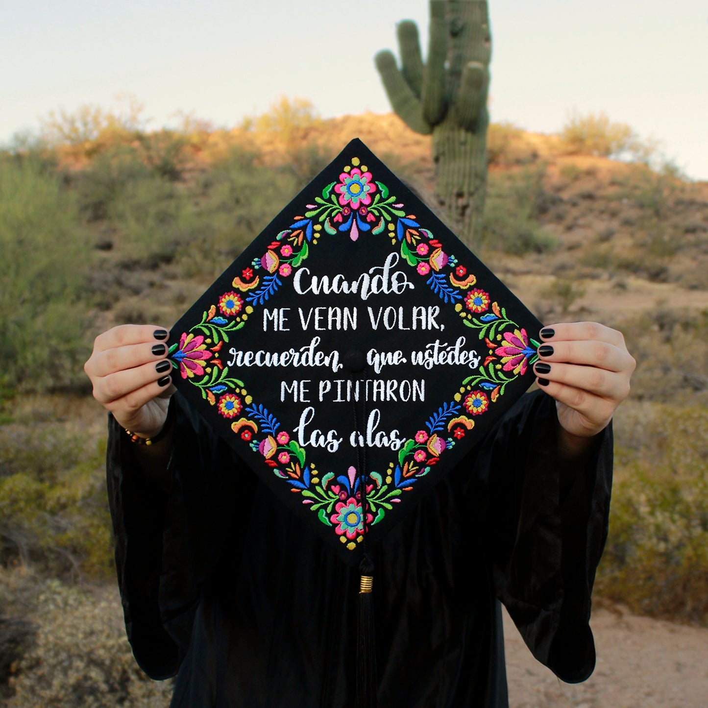 Handmade Embroidered Mexican Wildflower Graduation Cap Topper