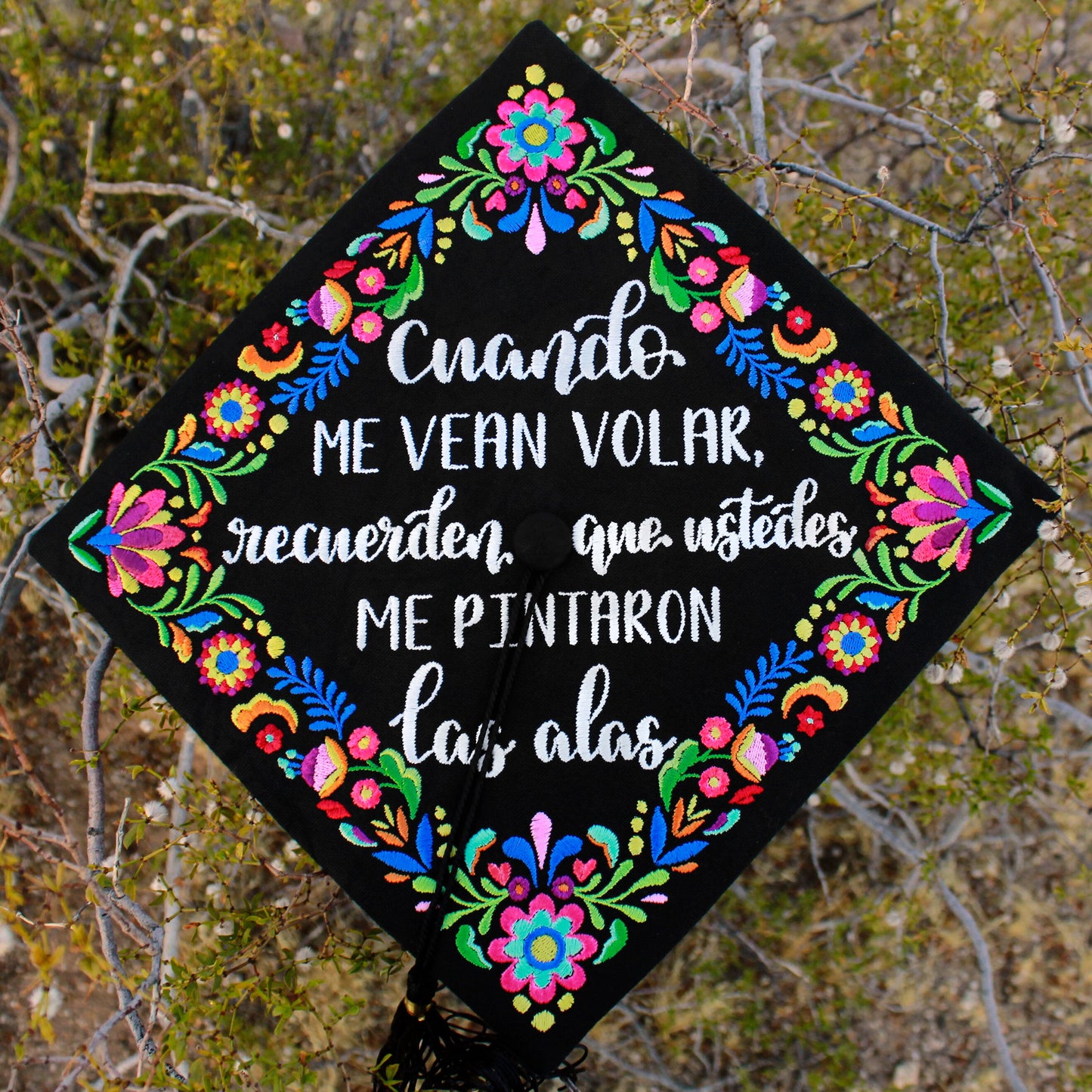 Handmade Embroidered Mexican Wildflower Graduation Cap Topper