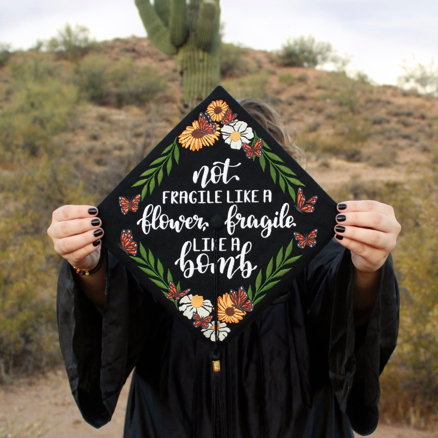 Handmade Embroidered Butterfly Daisy Graduation Cap Topper