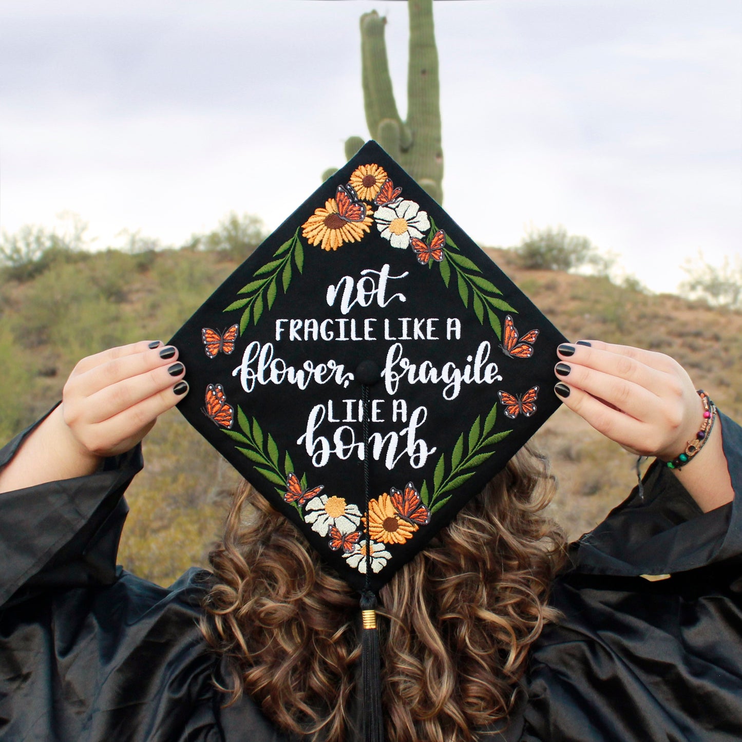 Handmade Embroidered Butterfly Daisy Graduation Cap Topper