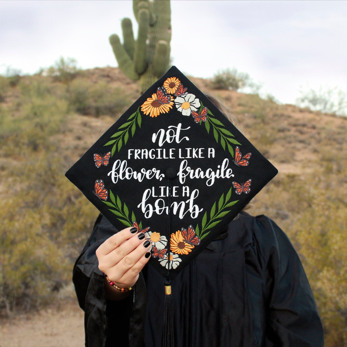 Handmade Embroidered Butterfly Daisy Graduation Cap Topper