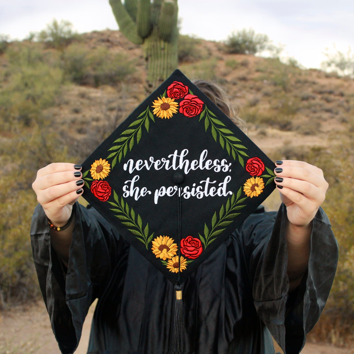 Handmade Embroidered Sunflower Rose Graduation Cap Topper