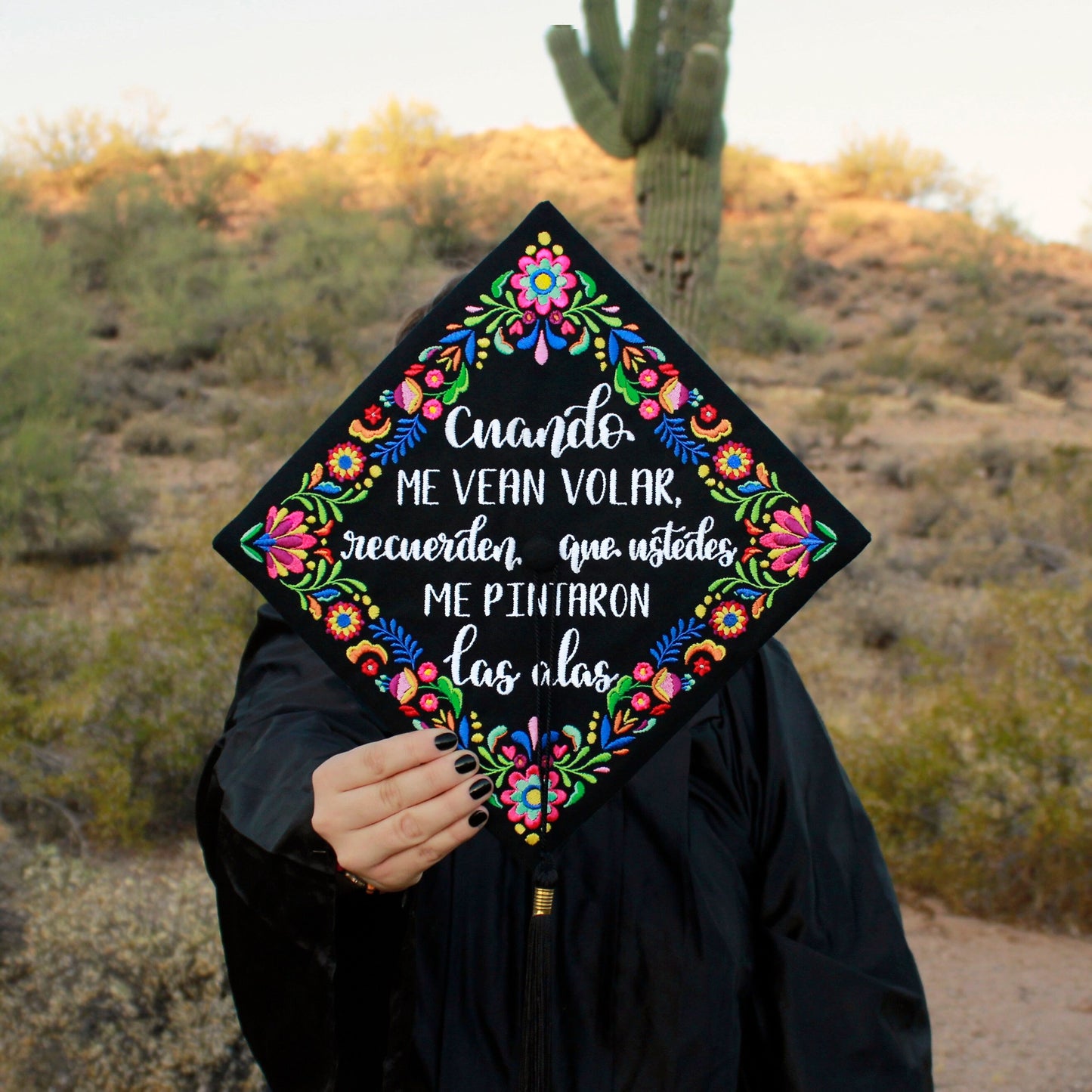 Handmade Embroidered Mexican Wildflower Graduation Cap Topper