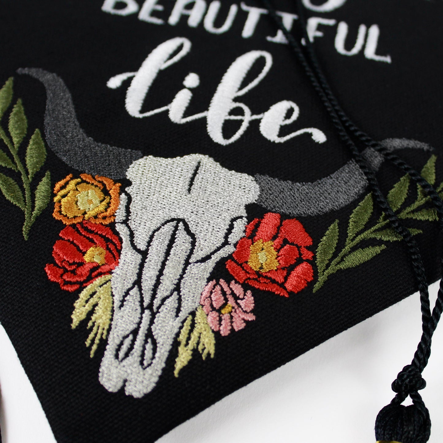 Handmade Embroidered Western Bull Skull Graduation Cap Topper