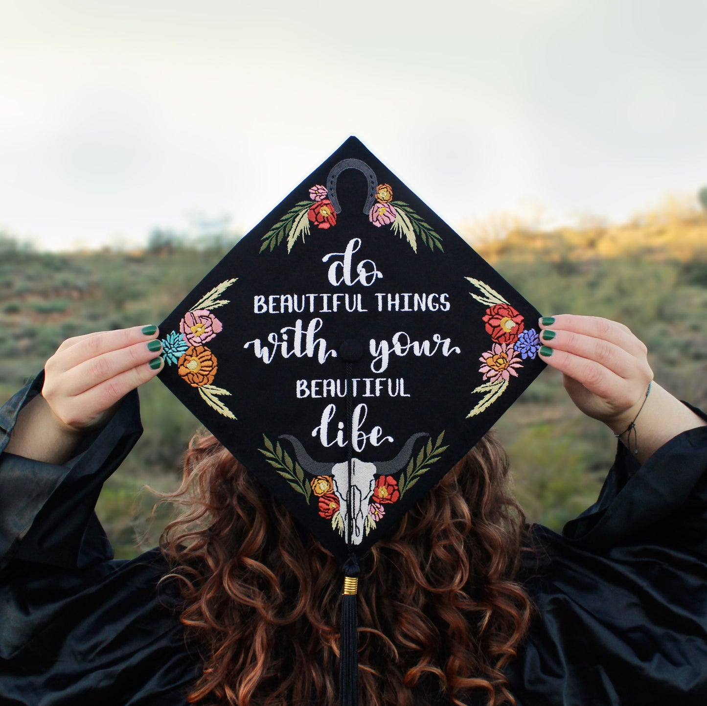 Handmade Embroidered Western Bull Skull Graduation Cap Topper