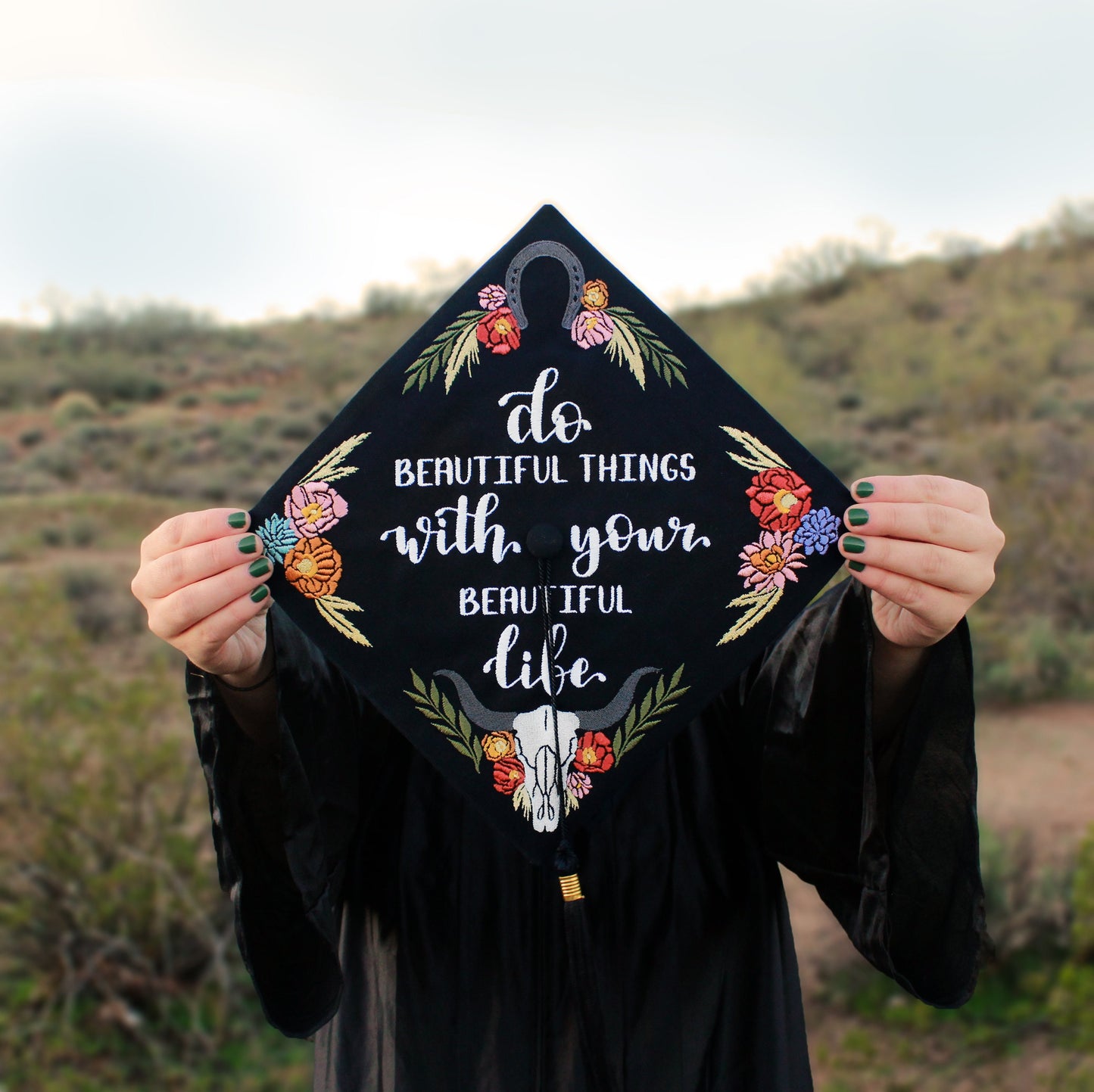 Handmade Embroidered Western Bull Skull Graduation Cap Topper