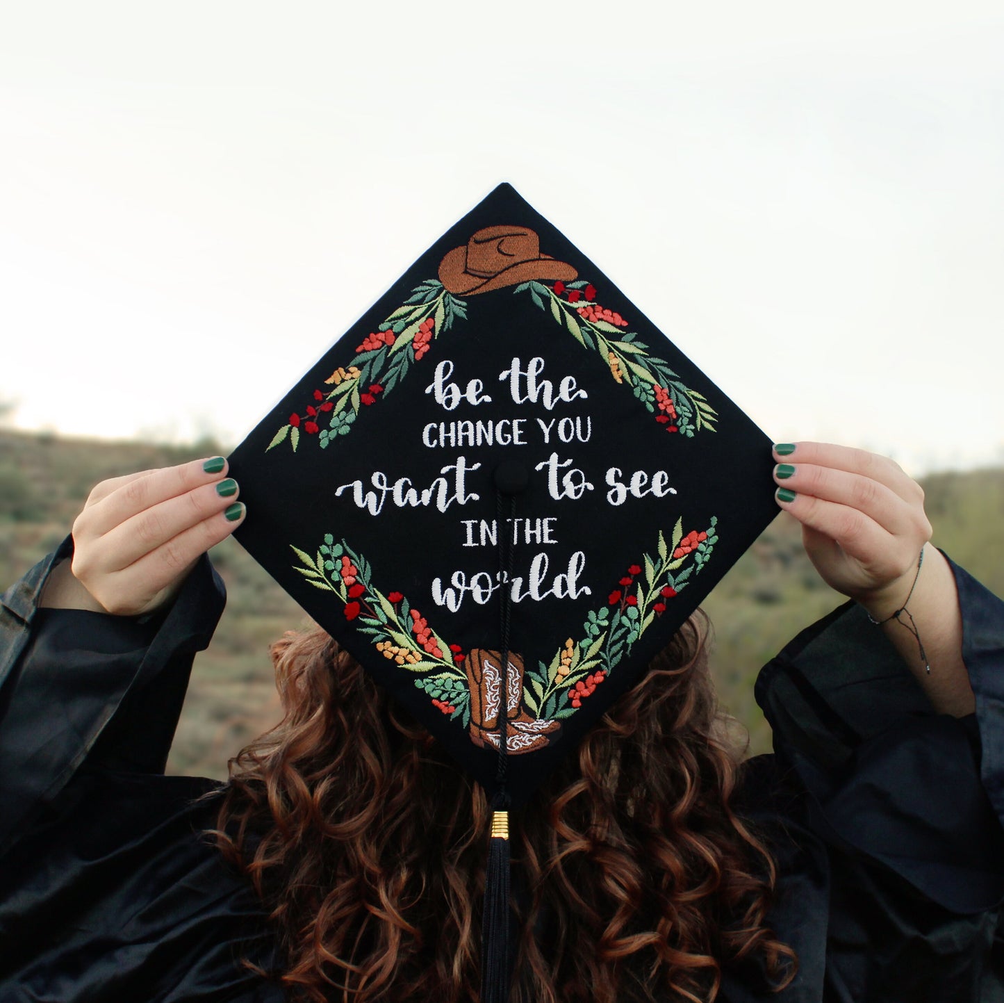 Handmade Embroidered Cowgirl Western Graduation Cap Topper