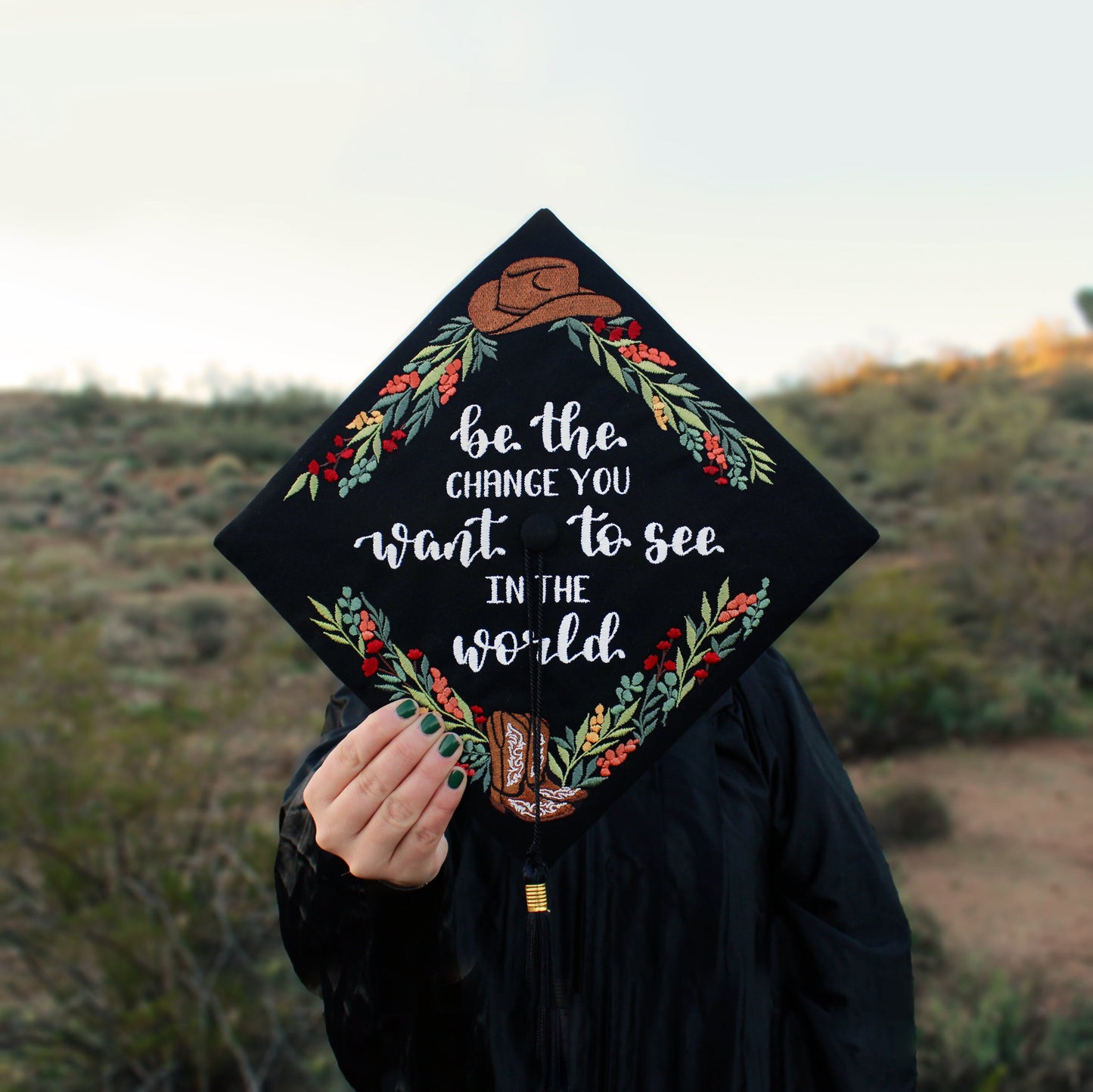 Handmade Embroidered Cowgirl Western Graduation Cap Topper